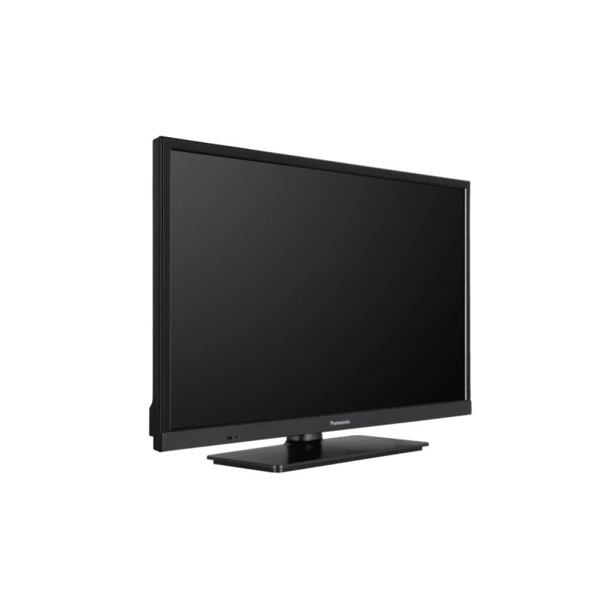 Czarny telewizor z płaskim ekranem na czarnym stojaku, wyświetlający ciemny ekran.