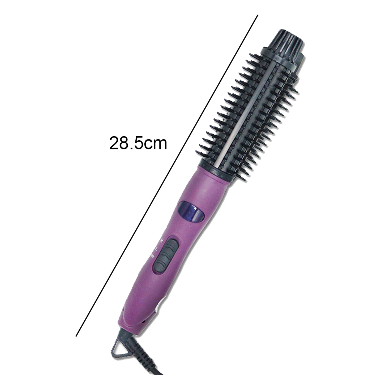 Lila Haarstylingbürste mit vielen Borsten und schwarzem Griff. Sie ist 28,5 cm lang.