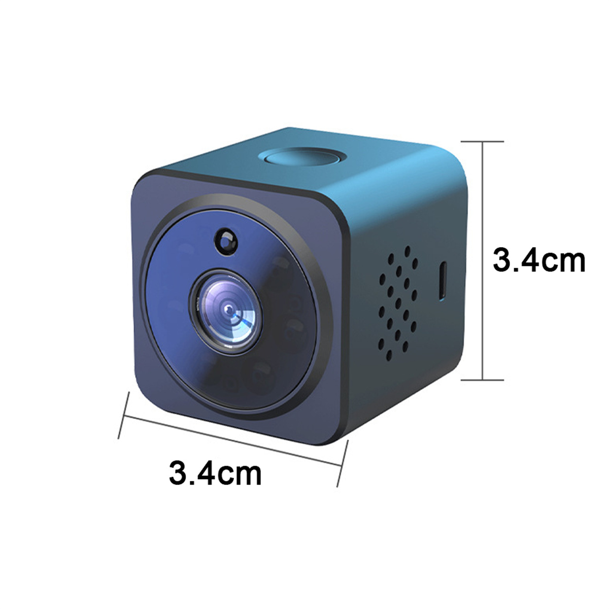 Eine kleine, blaue, würfelförmige Kamera mit Objektiv und Abmessungen von 3,4 cm.