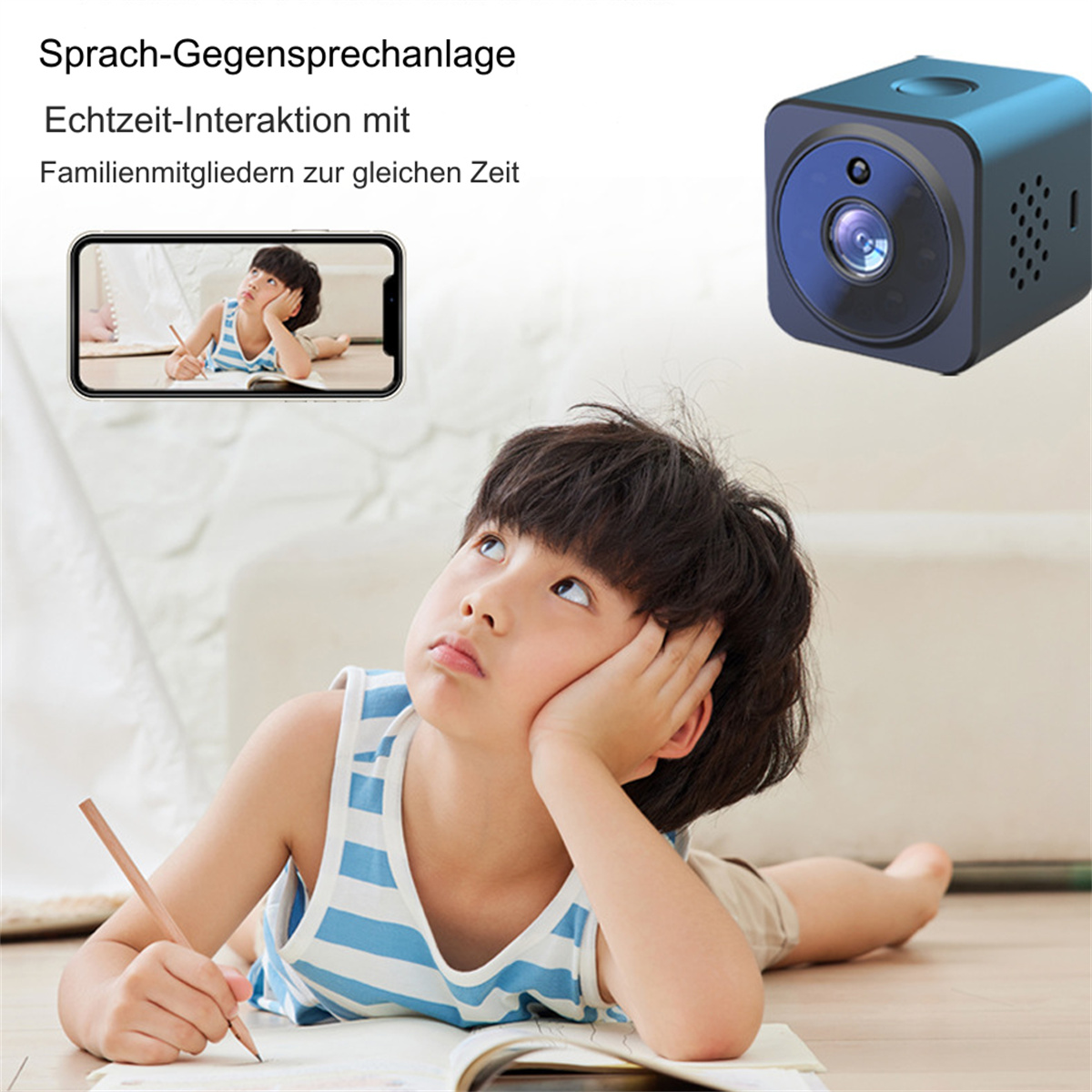 Ein Kind blickt nachdenklich auf eine blaue Kamera. Text auf Deutsch, ein Telefon mit einem Bild.