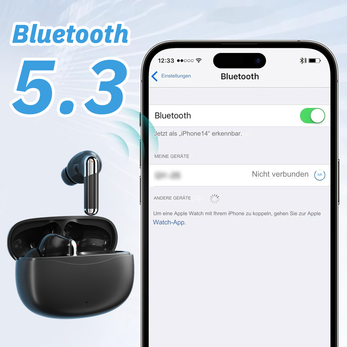 Schwarze kabellose Ohrhörer und ein Telefon, das Bluetooth-Einstellungen mit dem Bluetooth 5.3 Logo anzeigt.