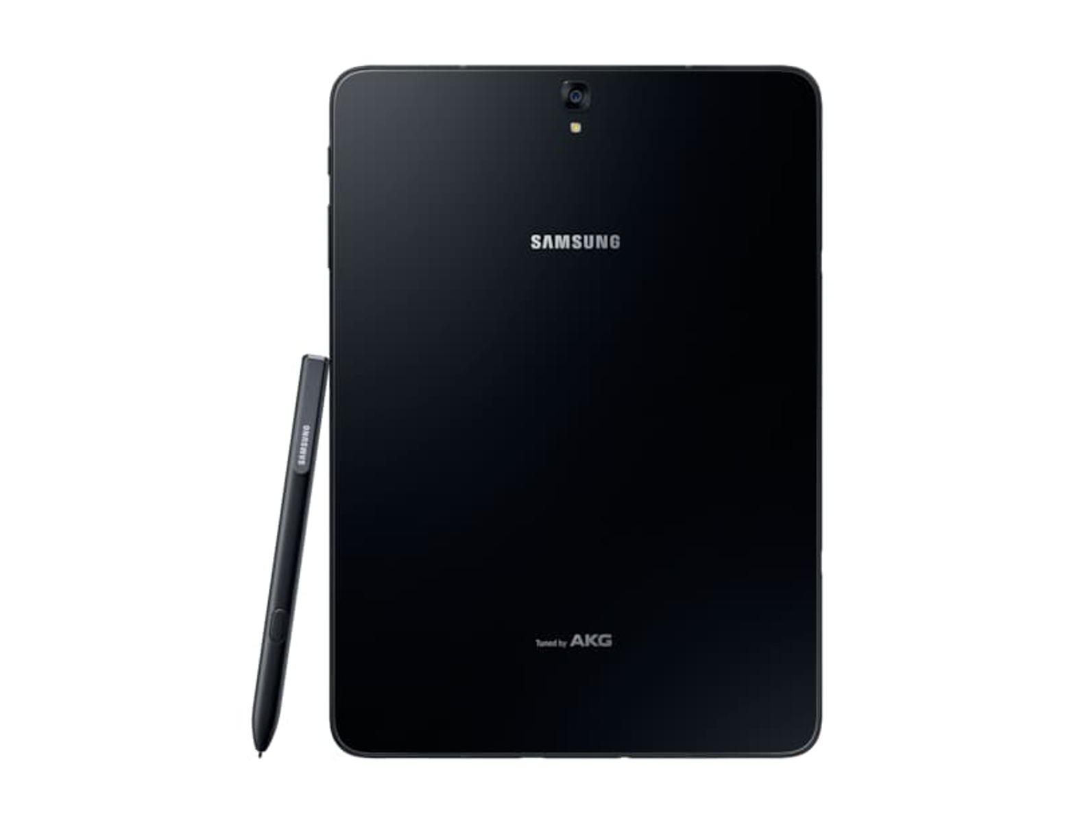 Tableta Samsung negra con un lápiz negro. La tableta está sobre fondo blanco. Logo Samsung visible.