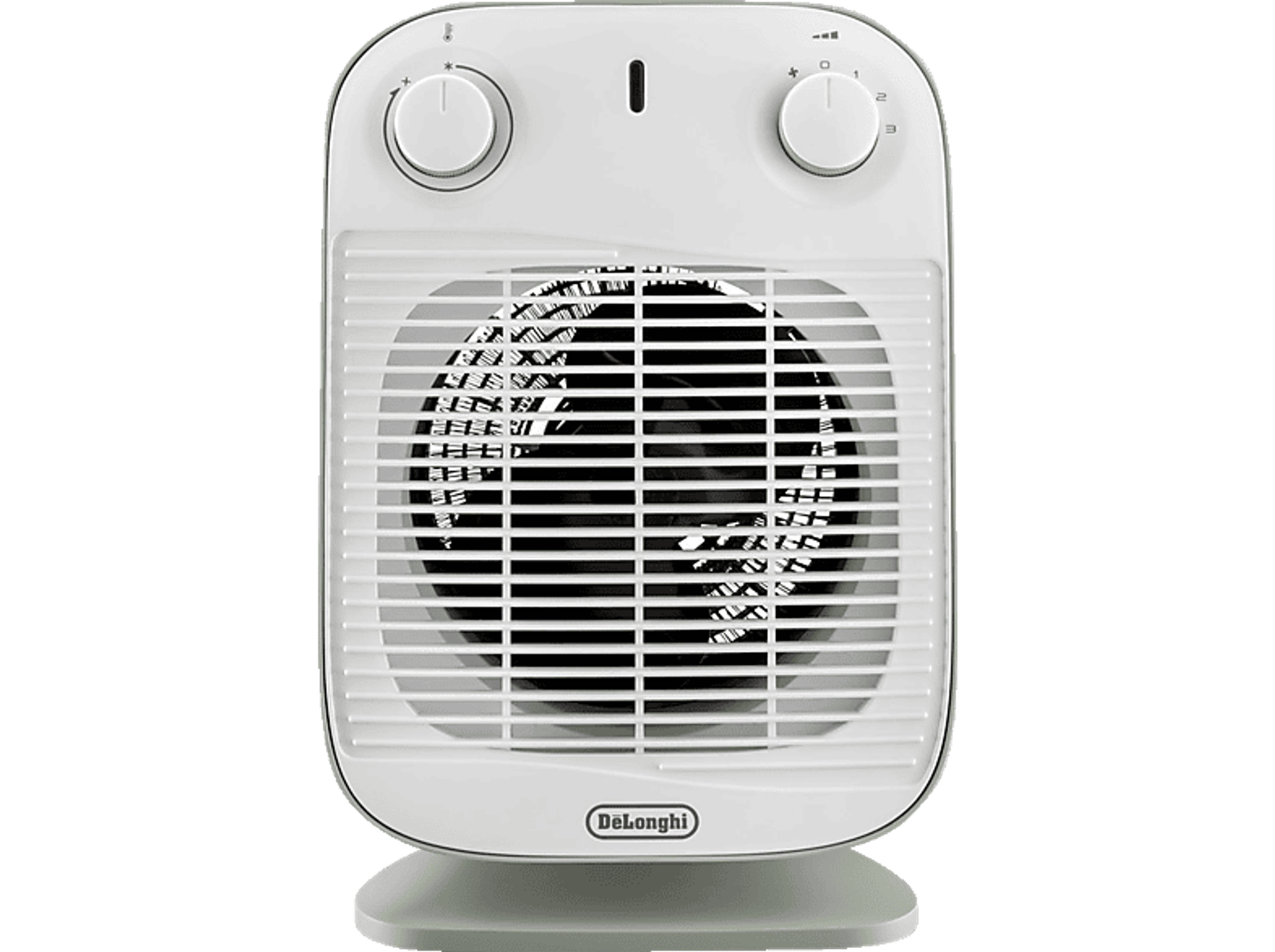 Biała grzałka elektryczna z wentylatorem. Ma pokrętła i kratkę.