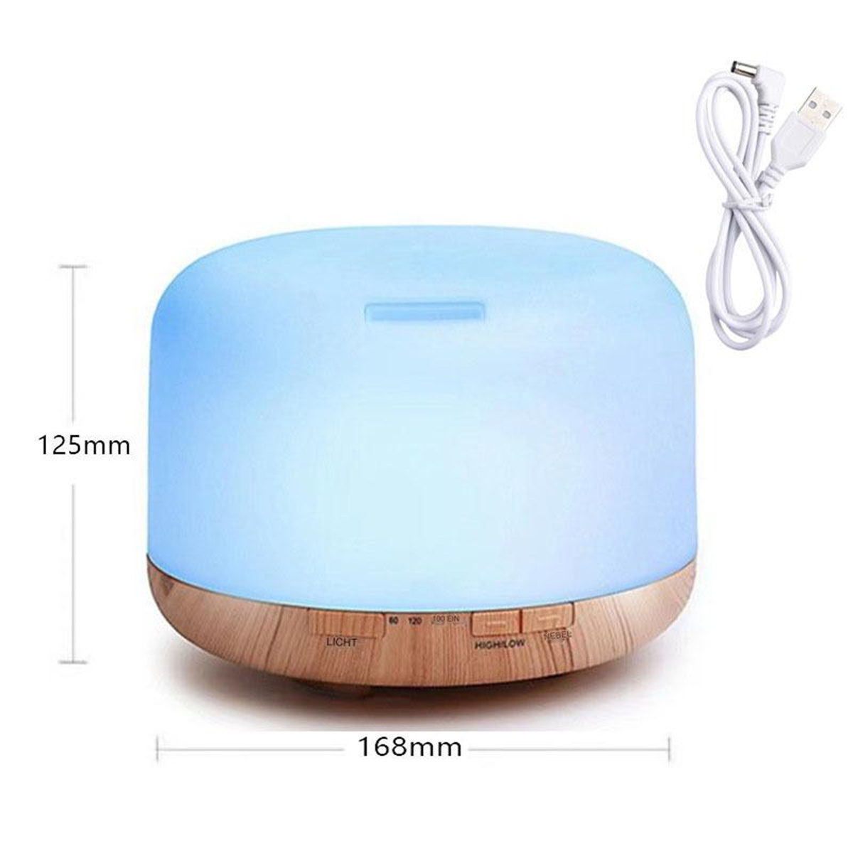 Blauer und holzfarbener Diffusor für ätherische Öle mit Maßen und USB-Kabel.