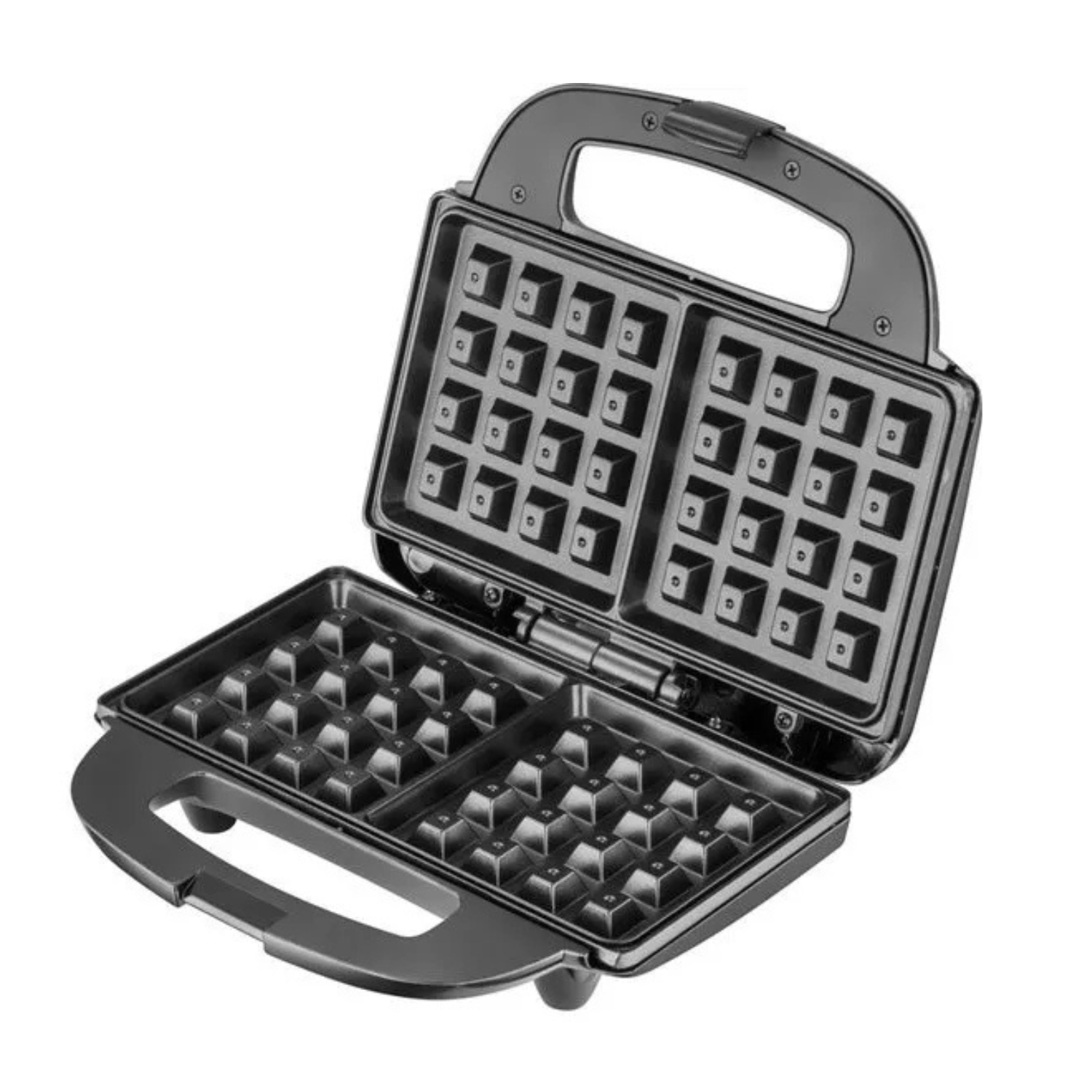 Waffle maker nero, aperto, che rivela gli stampi per waffle. Sfondo bianco.