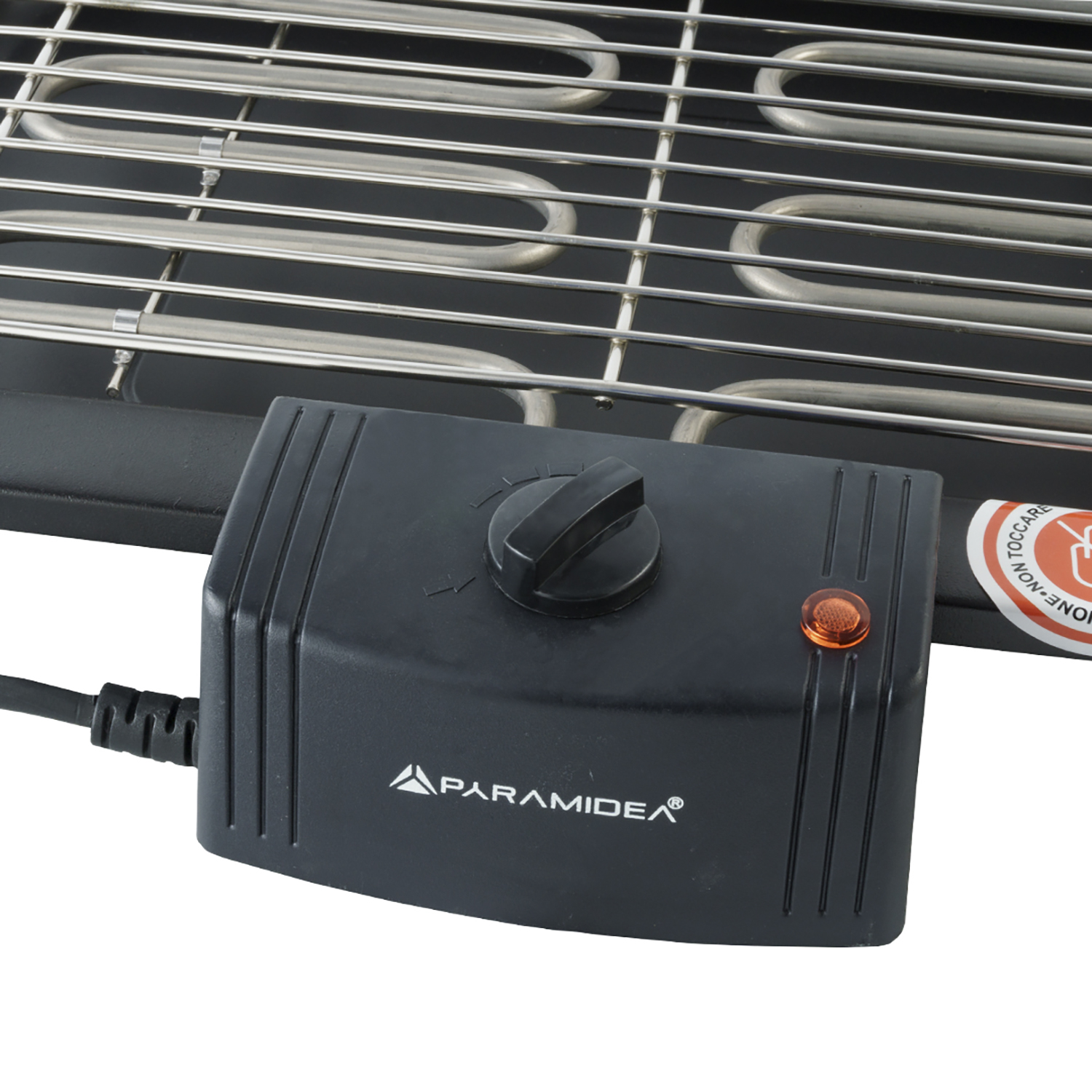 Un pannello di controllo per griglia elettrica con manopola, luce rossa e il marchio 'Paramidea'.