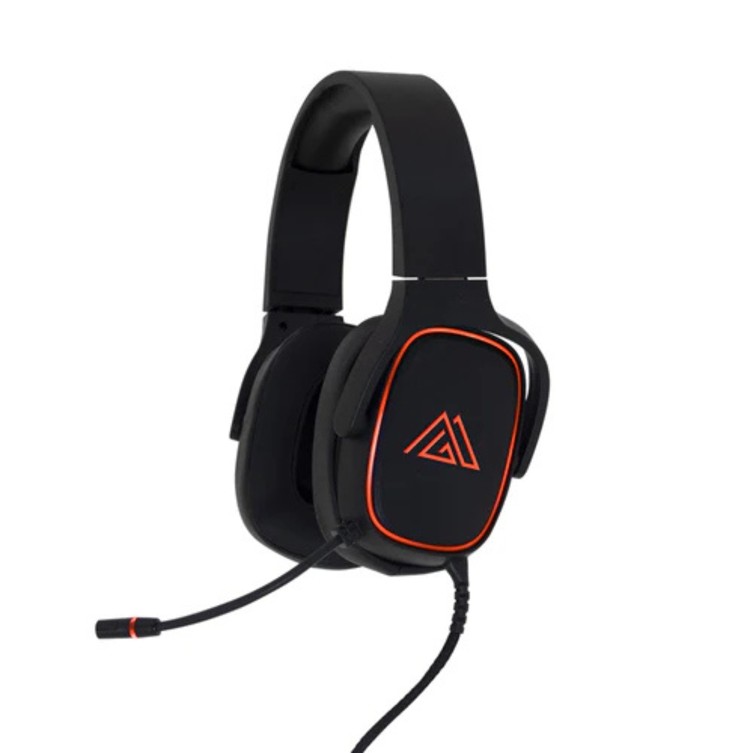 Cuffie da gaming nere e rosse con microfono. Il logo è sul lato delle cuffie.