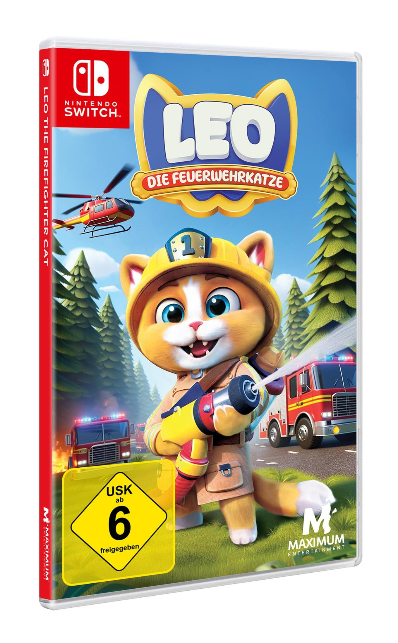 Nintendo Switch Spielhülle, Leo der Feuerwehrmann Katze, mit Cartoon Katze und Feuerszene.