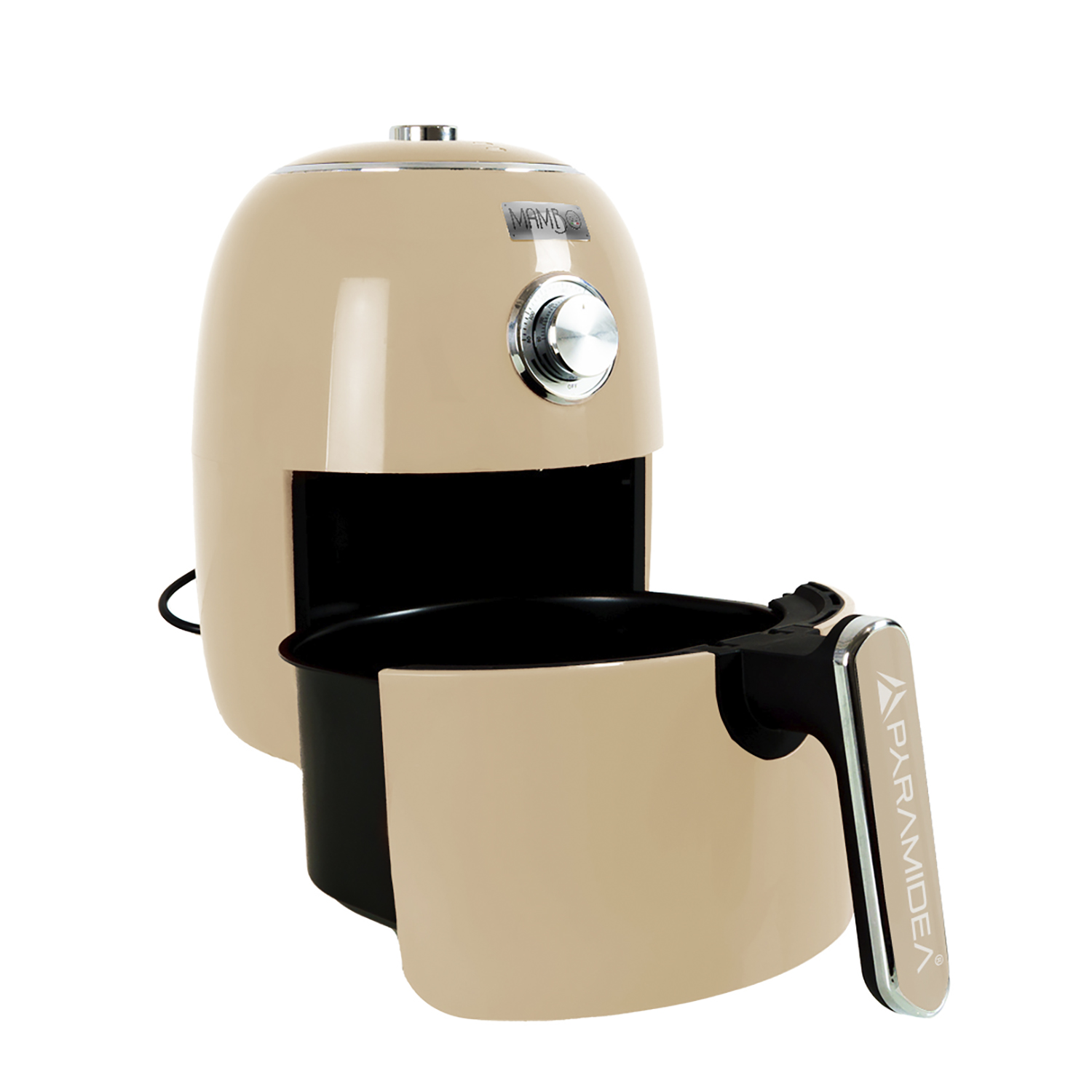 Friggitrice ad aria beige, cestello nero aperto. Dettagli argento, sfondo bianco.