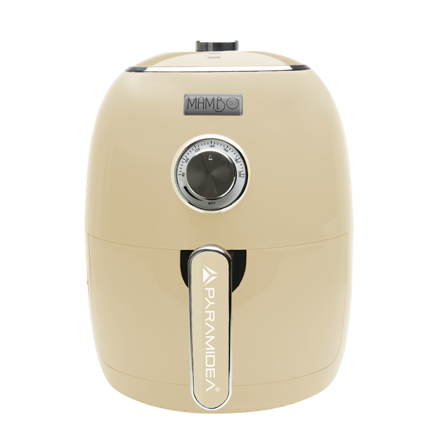 Friggitrice ad aria beige con display digitale e maniglia argentata su sfondo bianco.