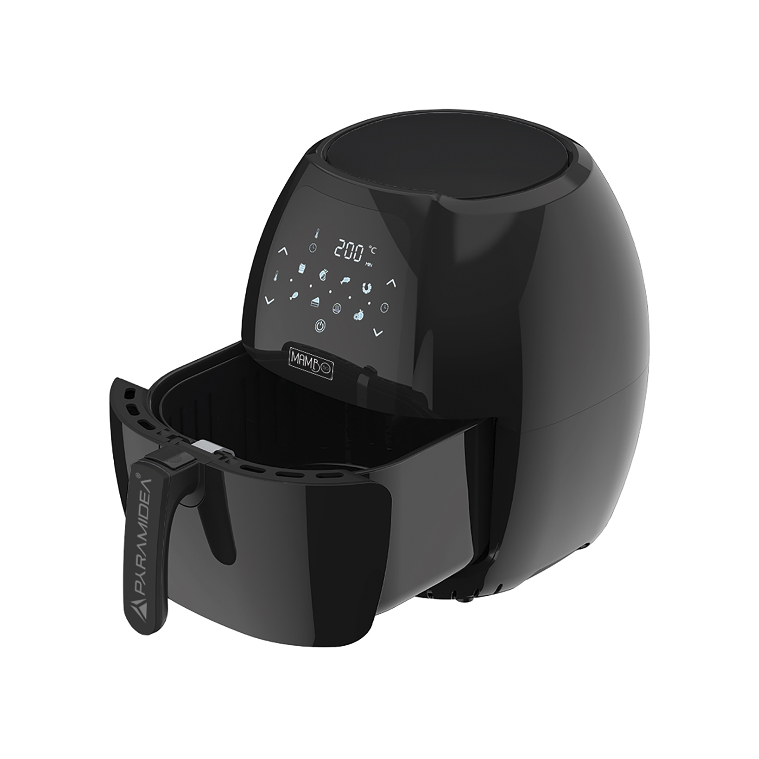 Friggitrice ad aria Paramidea nera con cestello aperto. Il display digitale in alto mostra 200 gradi.