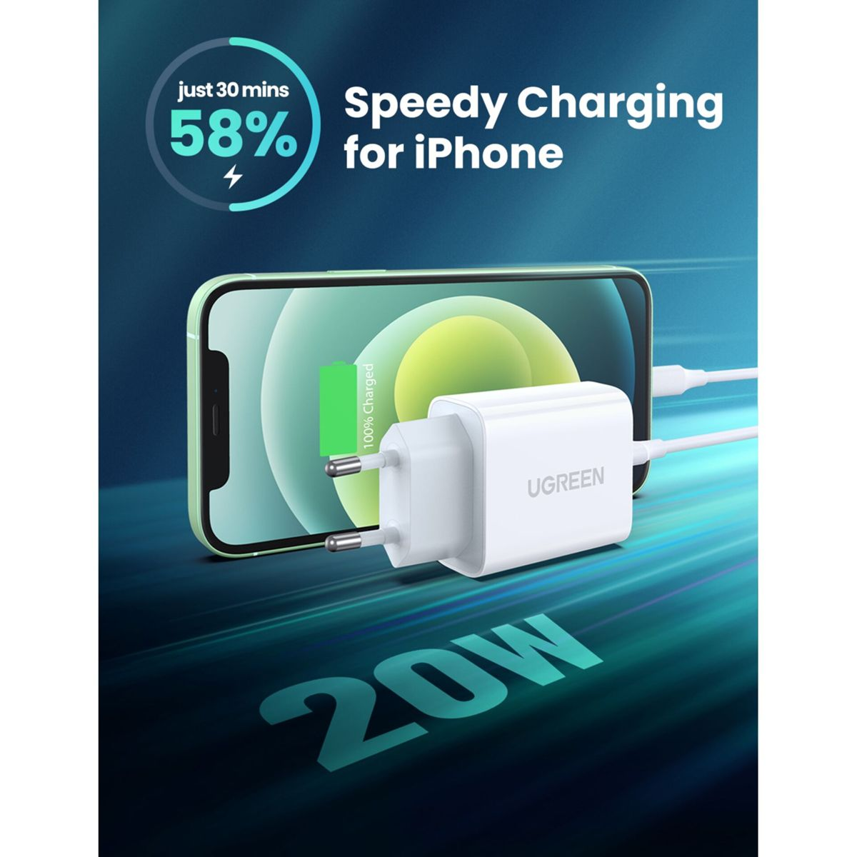 Un iPhone cargando con un cargador blanco, con texto que indica 58% de carga en 30 minutos.