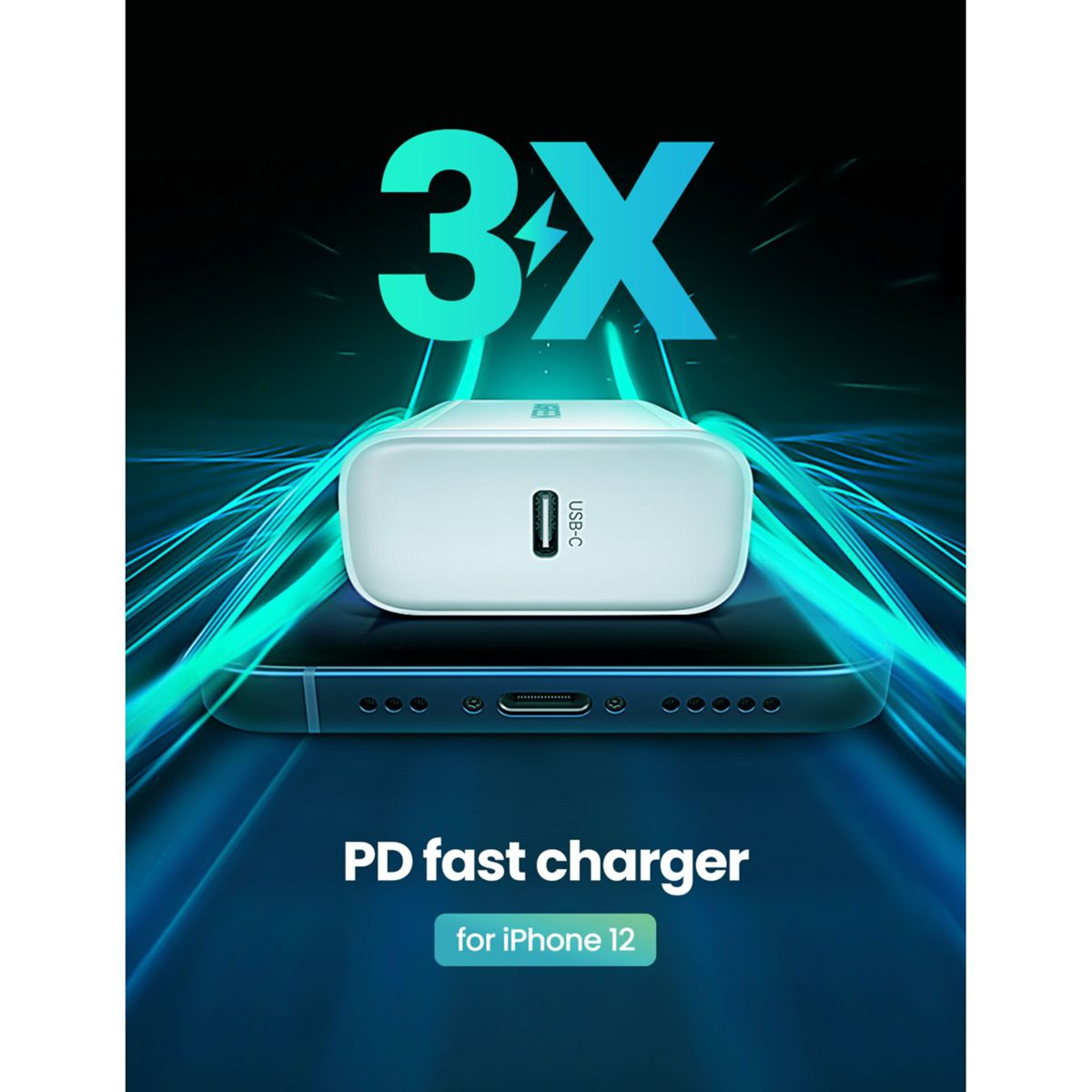 Weißes USB-C Ladegerät auf einem Telefon, mit dem Text 'PD fast charger' und 'for iPhone 12'.