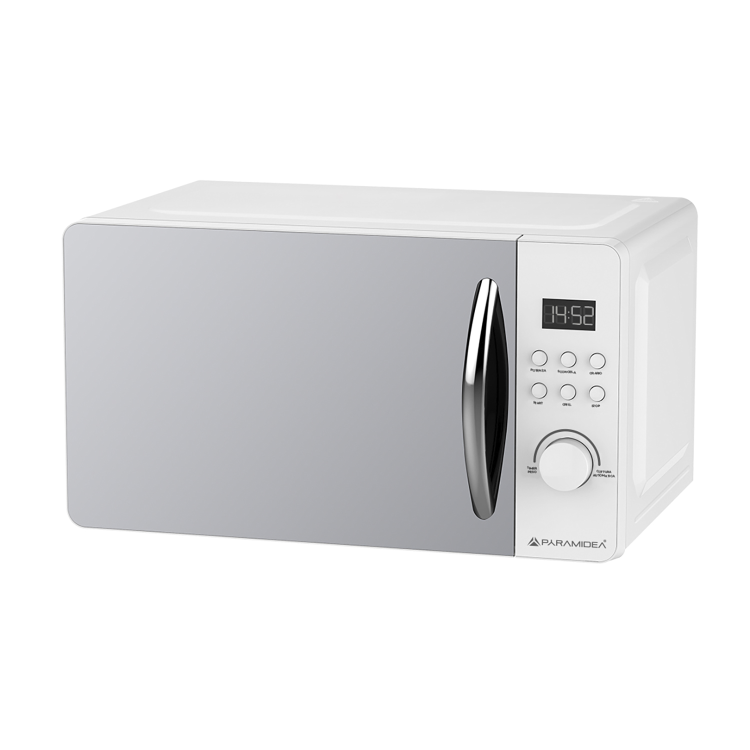 Un forno a microonde bianco con porta grigia e display digitale. Ha un pannello di controllo.