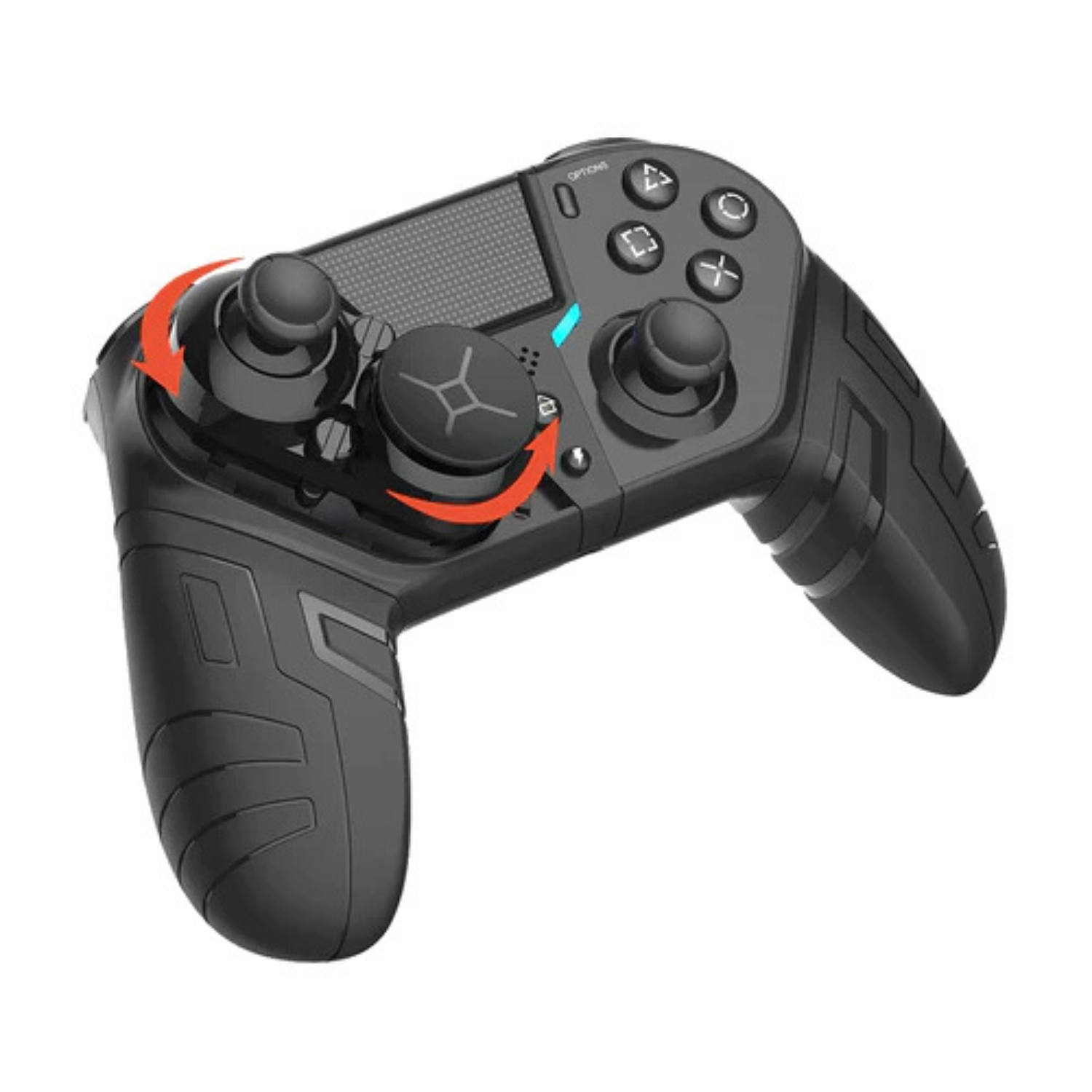 Un controller di gioco nero con joystick e pulsanti, con frecce rosse che indicano il movimento.