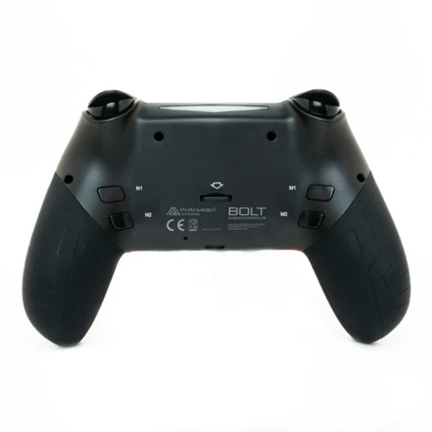 Il retro di un controller di gioco nero con due aree di presa. C'è scritto BOLT sul retro.
