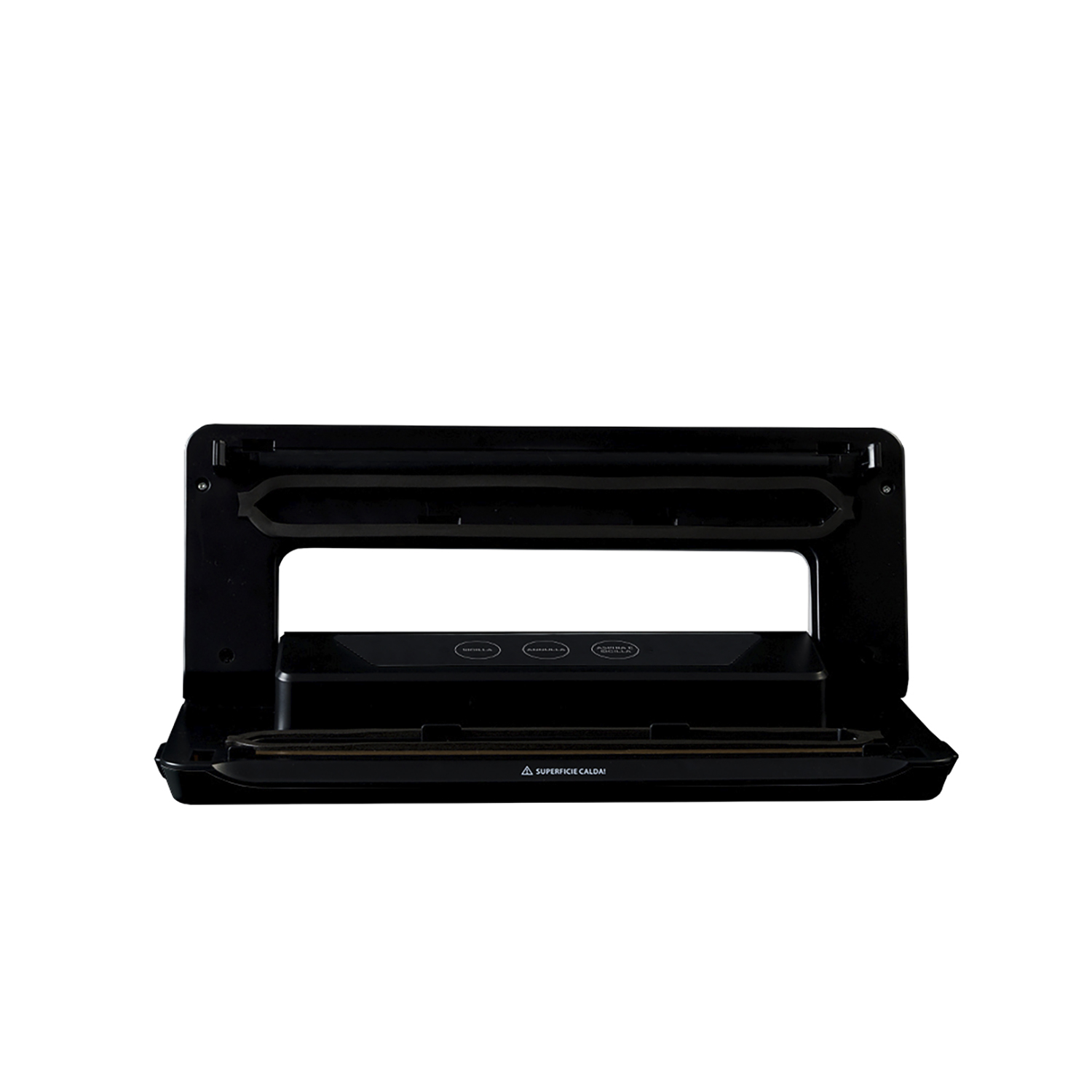 Sigillatrice sottovuoto nera, aperta, con interno nero e dettagli argento, su sfondo bianco.