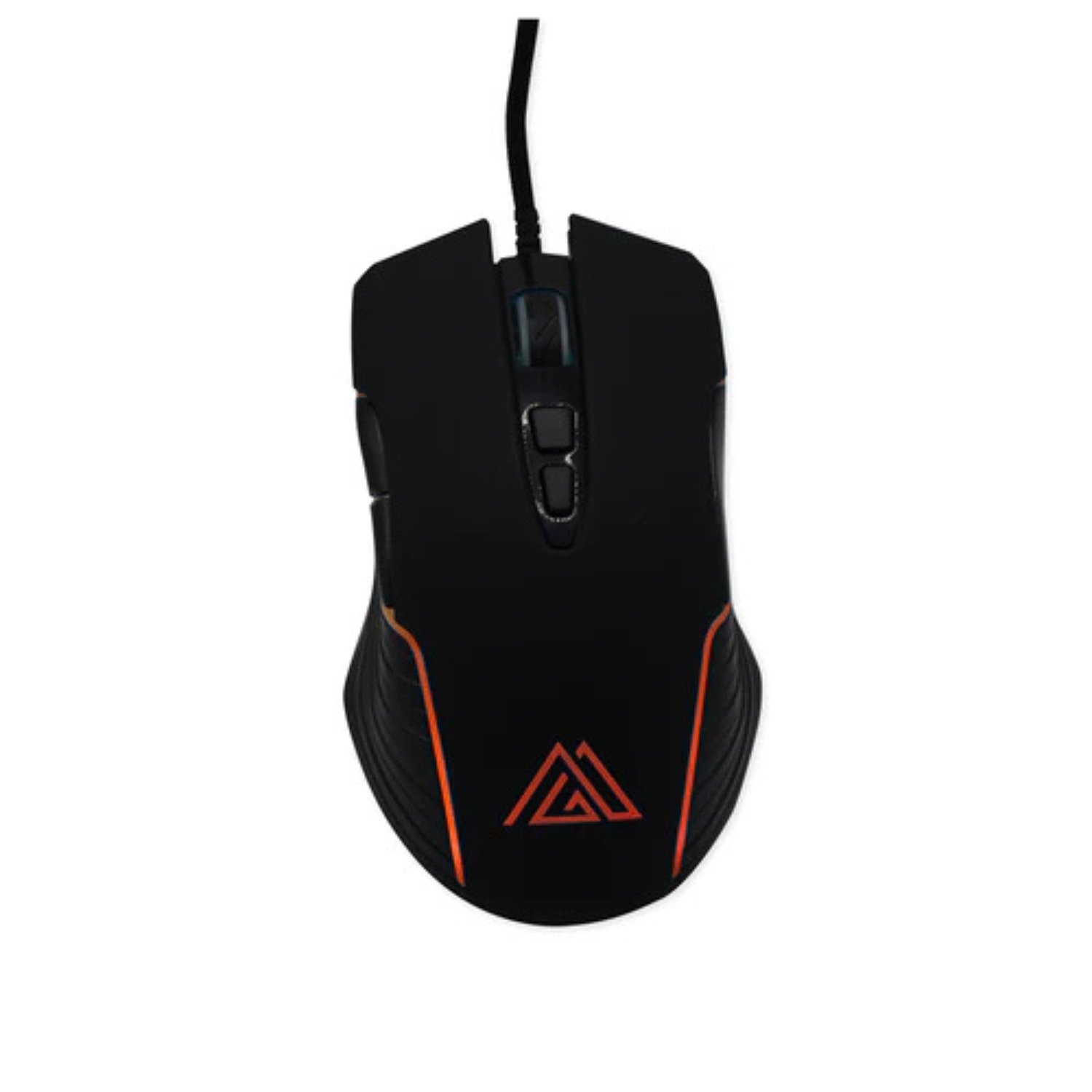 Mouse da gioco nero con illuminazione arancione e logo triangolare. Sfondo bianco.