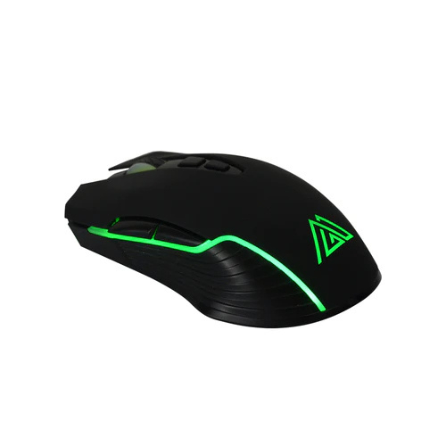 Mouse da gaming nero con accenti LED verdi. Presenta un logo triangolare e pulsanti laterali.