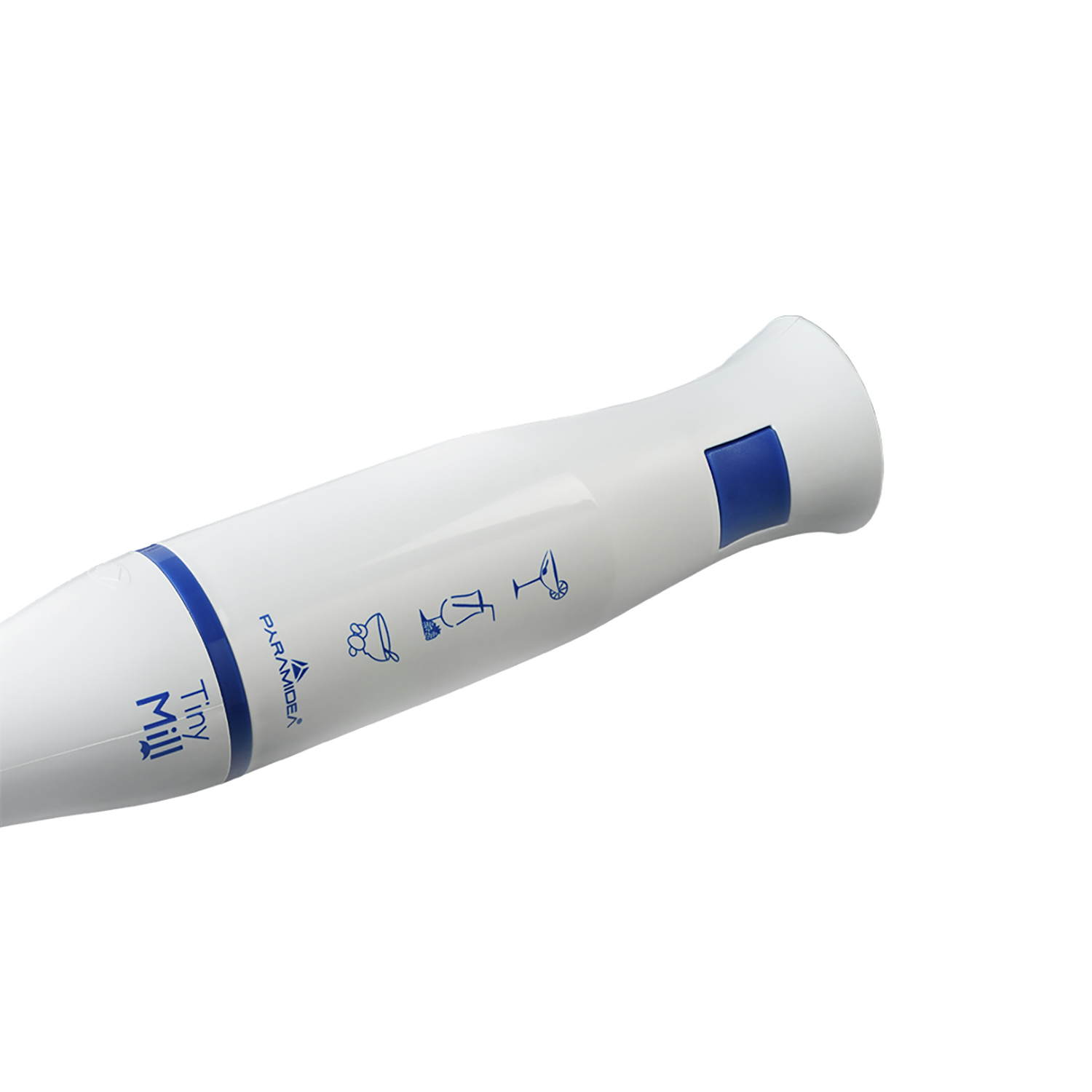 Un frullatore a immersione Tiny Mill bianco e blu con dettagli e icone blu, su sfondo bianco.