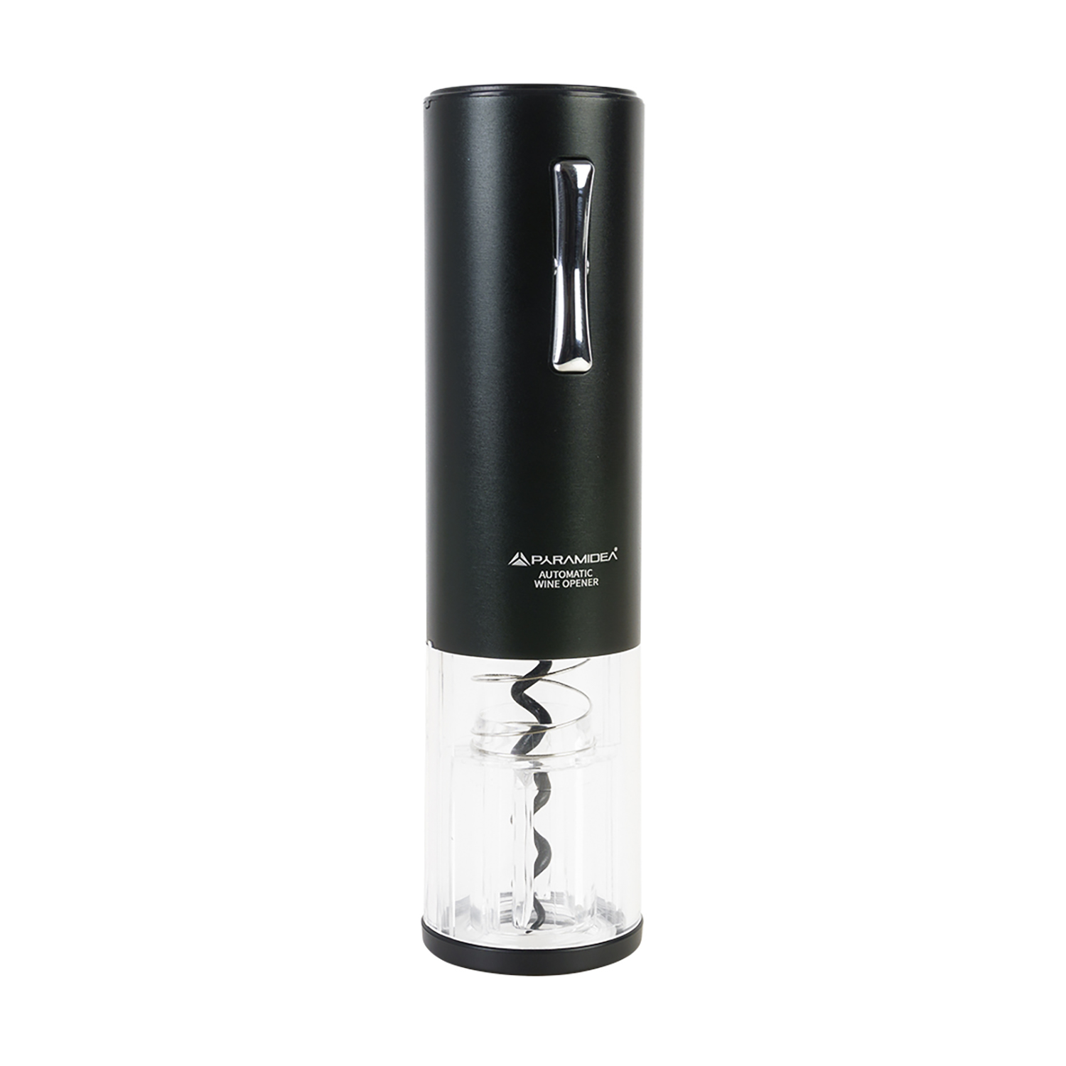 Apribottiglie automatico nero con base trasparente, dettagli argento e tappo nero.