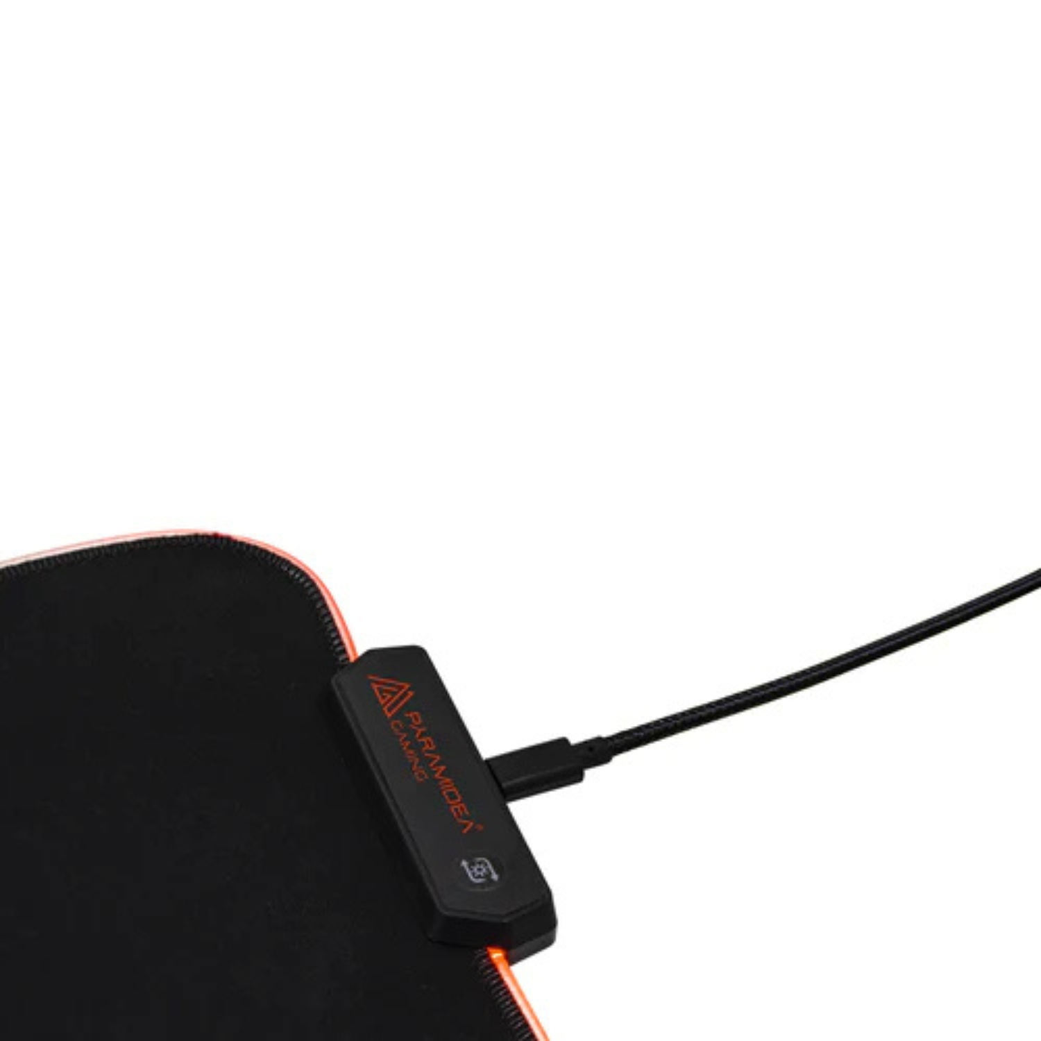 Tappetino per mouse da gaming nero con striscia LED rossa e dispositivo Paramidea nero.