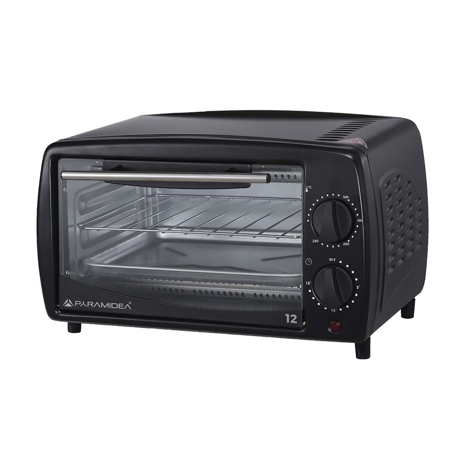 Un forno nero da banco con porta in vetro e due manopole, su sfondo bianco.