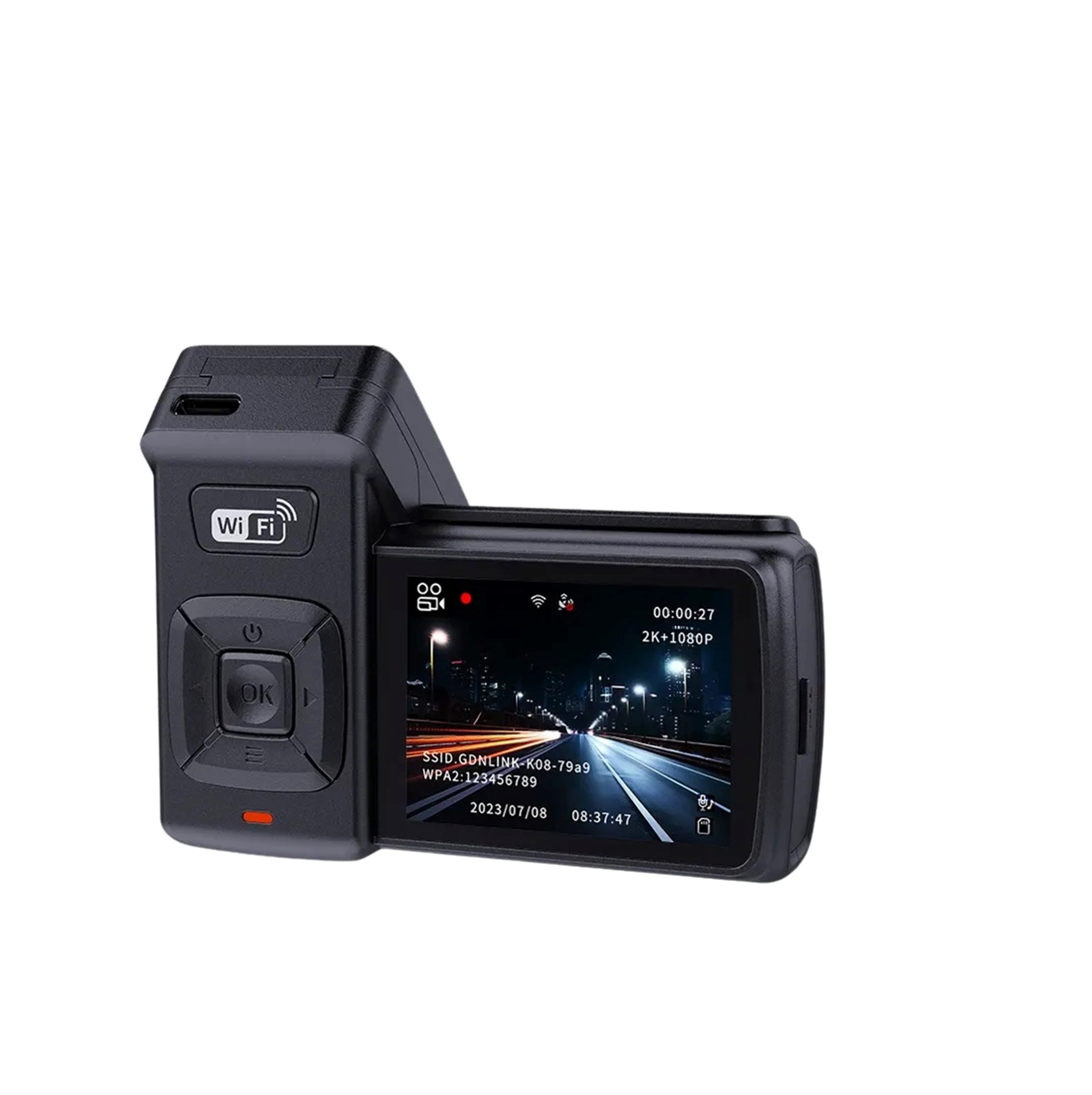 Dashcam nera con schermo, simbolo Wi-Fi e pulsanti di controllo, che mostra una scena cittadina.