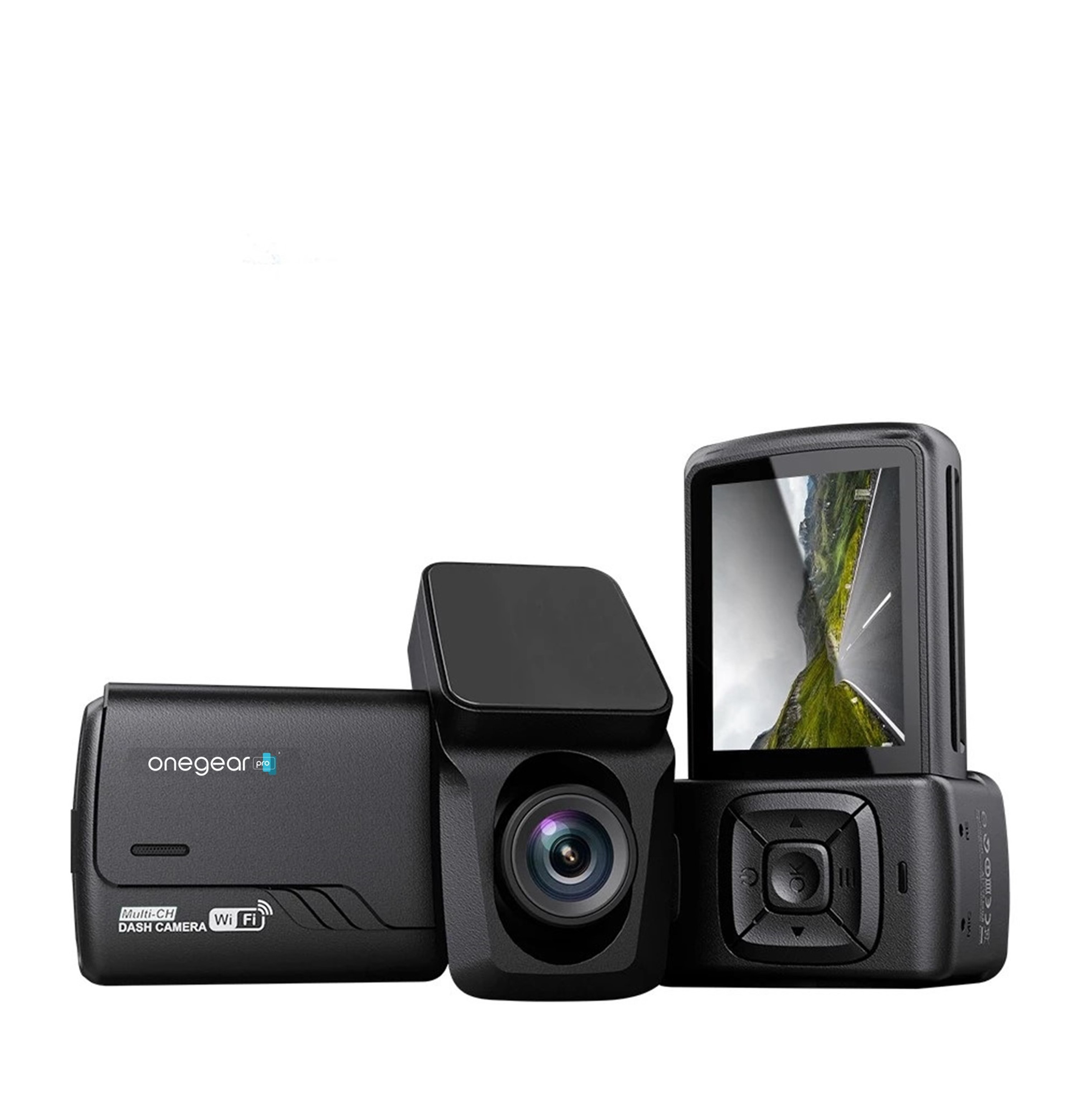 Set di dash cam multi-camera. Include una telecamera con schermo e altre due unità.