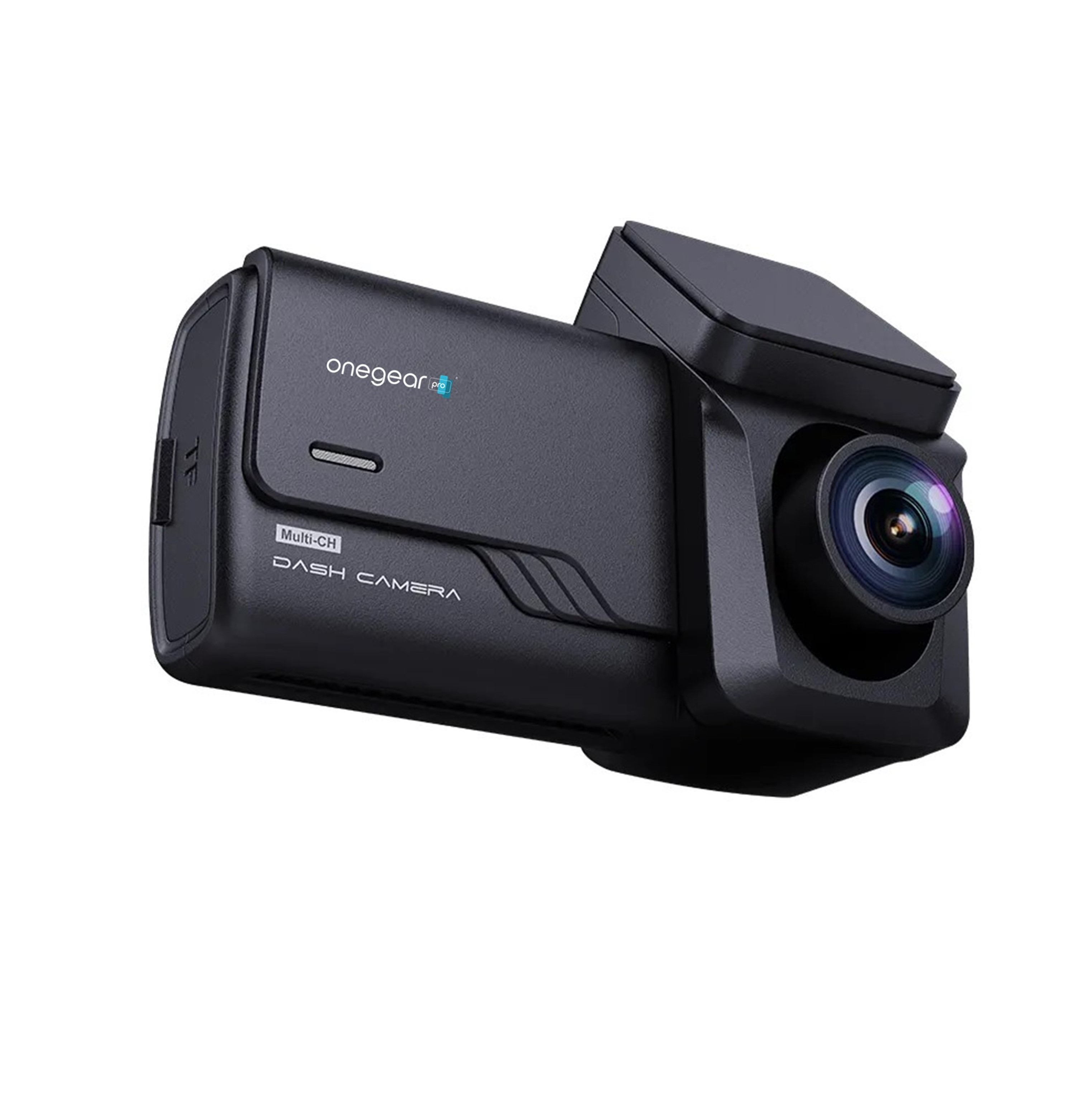 Dash cam nera con logo 'onegear'. Ha un obiettivo e un piccolo schermo.