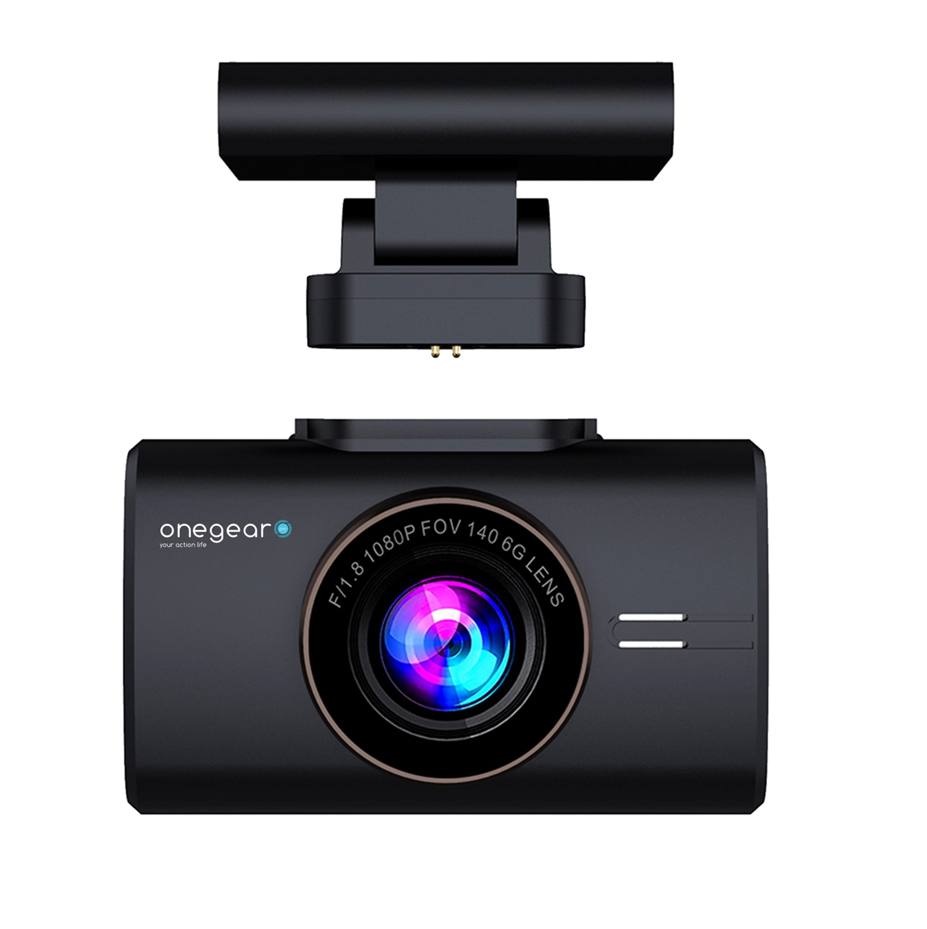 Una dash cam nera con un supporto separato, su sfondo bianco.