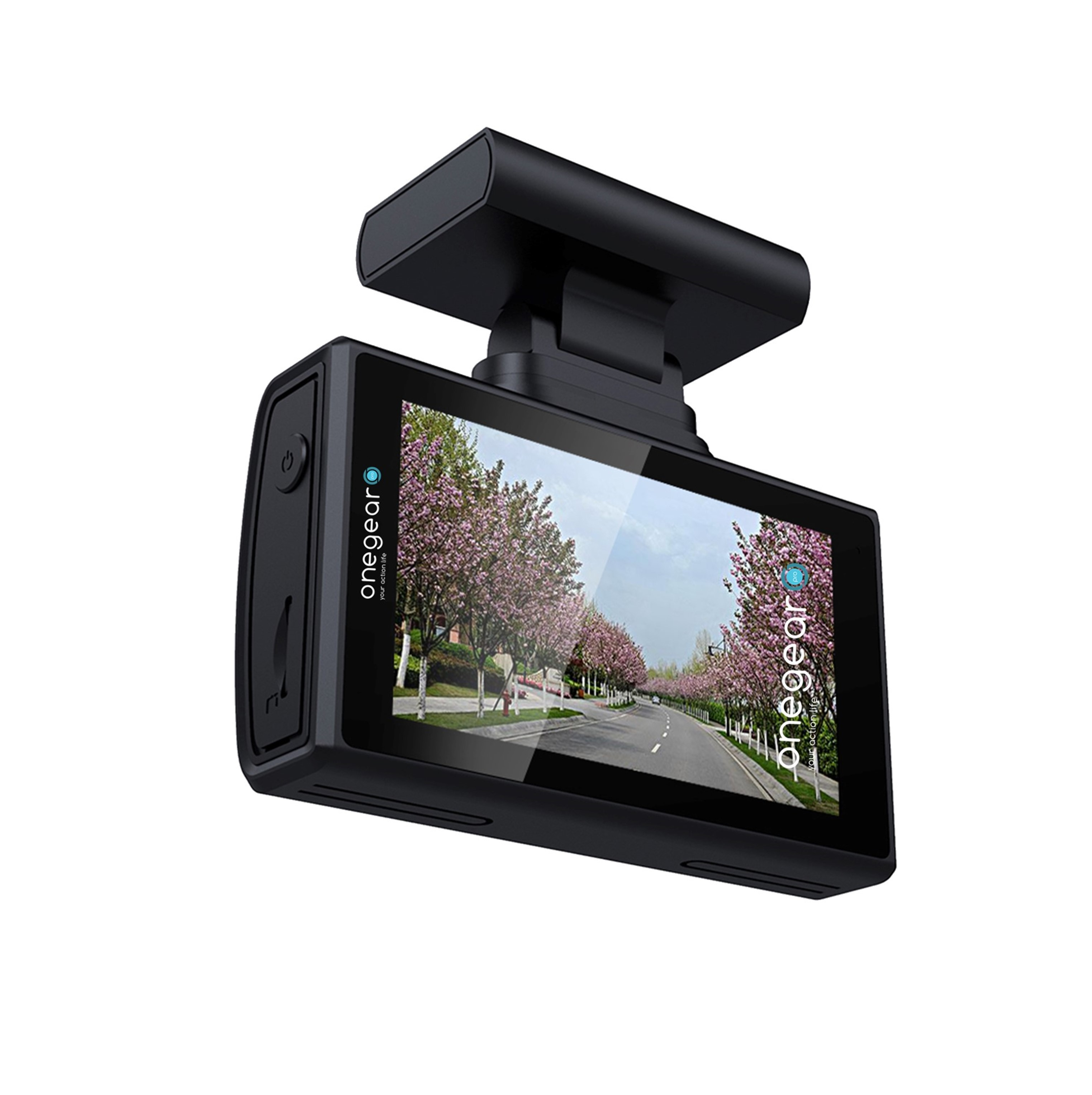 Dash cam nera con schermo che mostra una scena stradale con alberi. Mostra il logo 'onegear'.