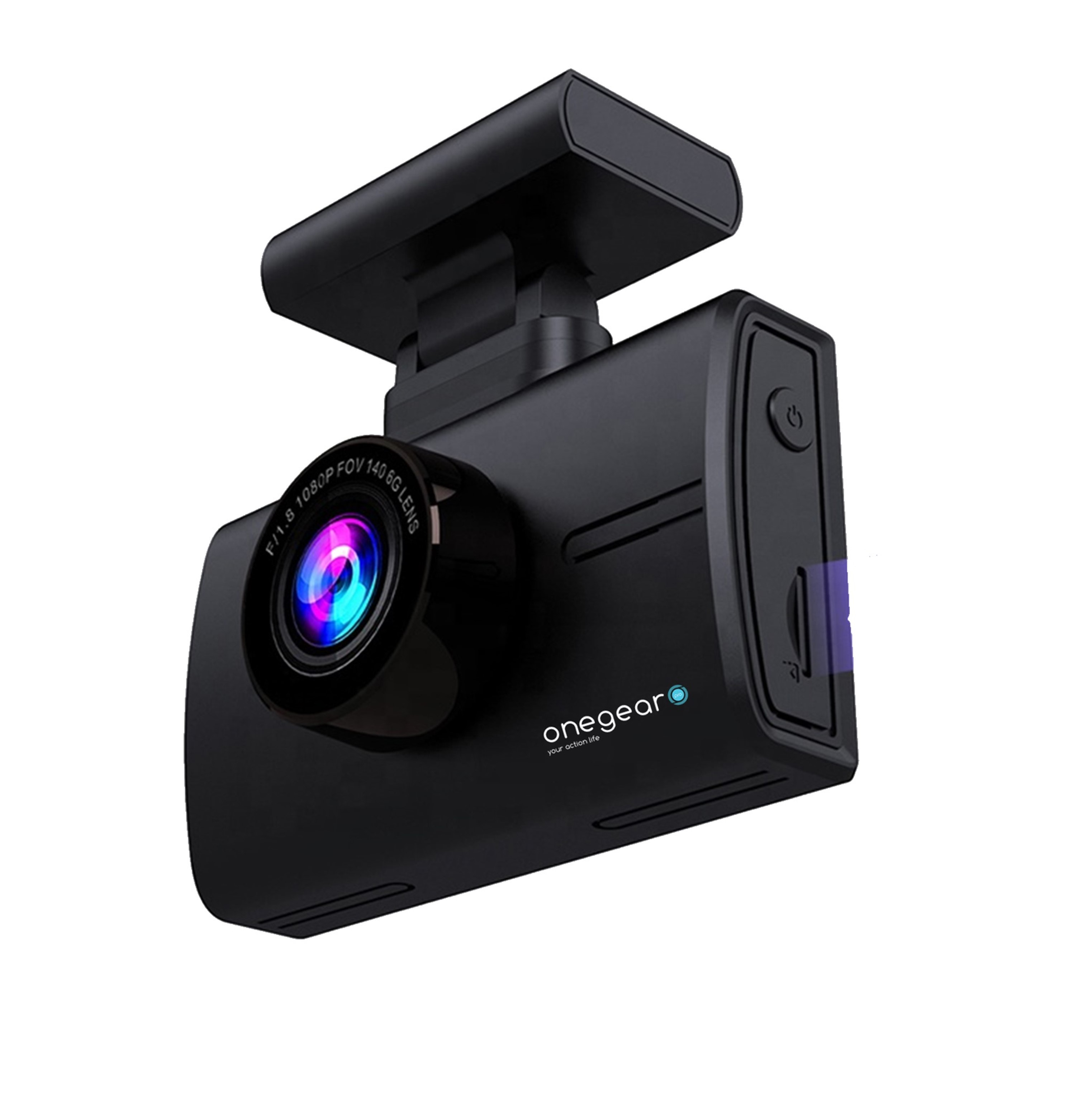 Dashcam nera su sfondo bianco. Ha un obiettivo e uno schermo.