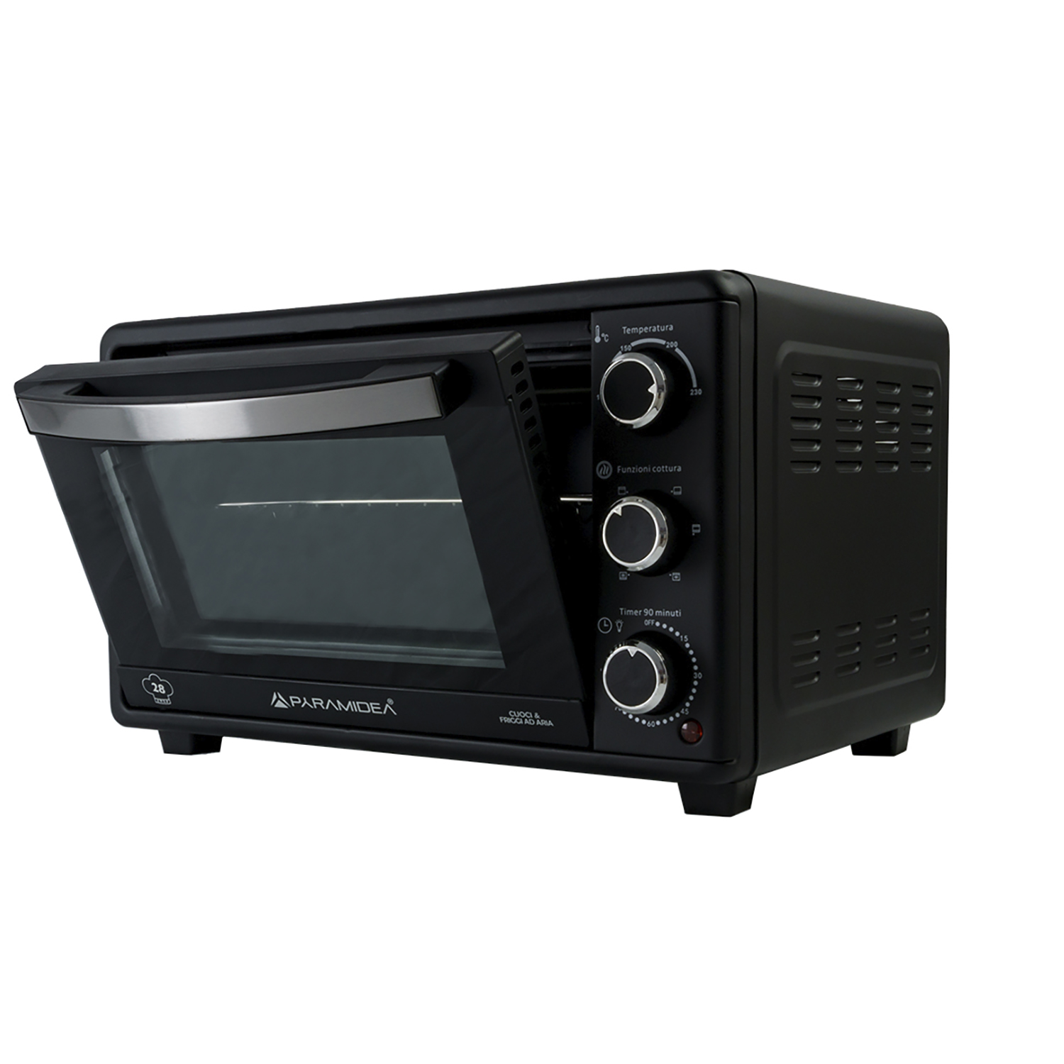 Forno nero con porta a vetri aperta, che mostra l'interno. Manopole e una maniglia sono visibili.