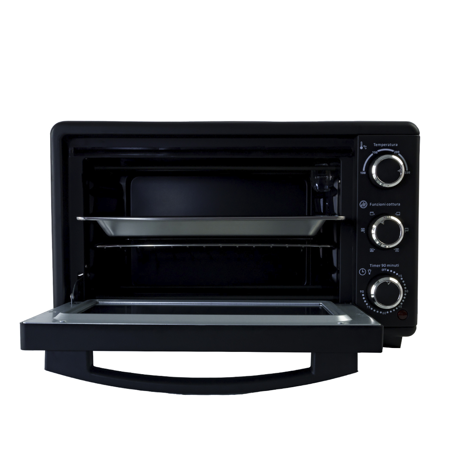Forno nero, aperto, con vassoio all'interno, pannello di controllo a destra, sfondo bianco, vista frontale.
