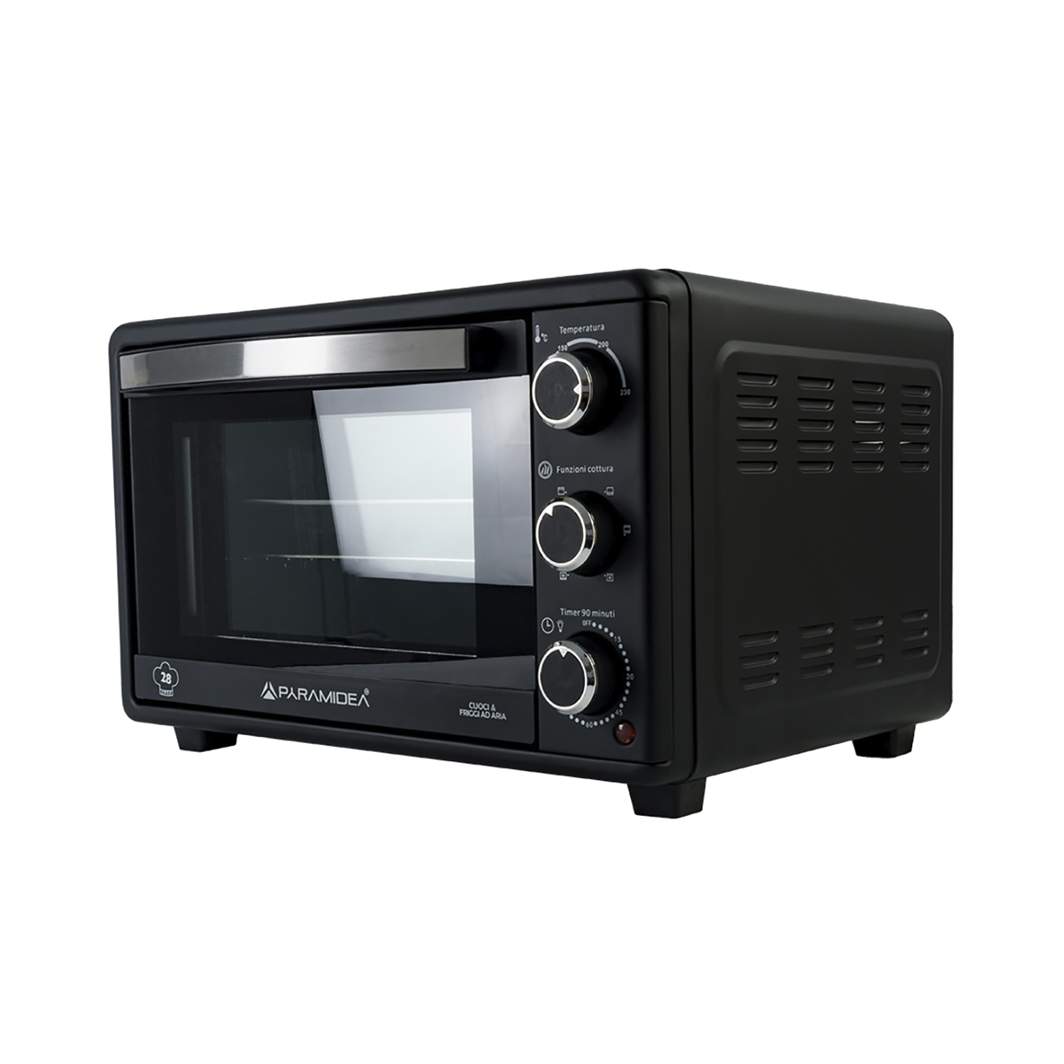 Forno nero con tre manopole e porta a vetro. Sfondo bianco.