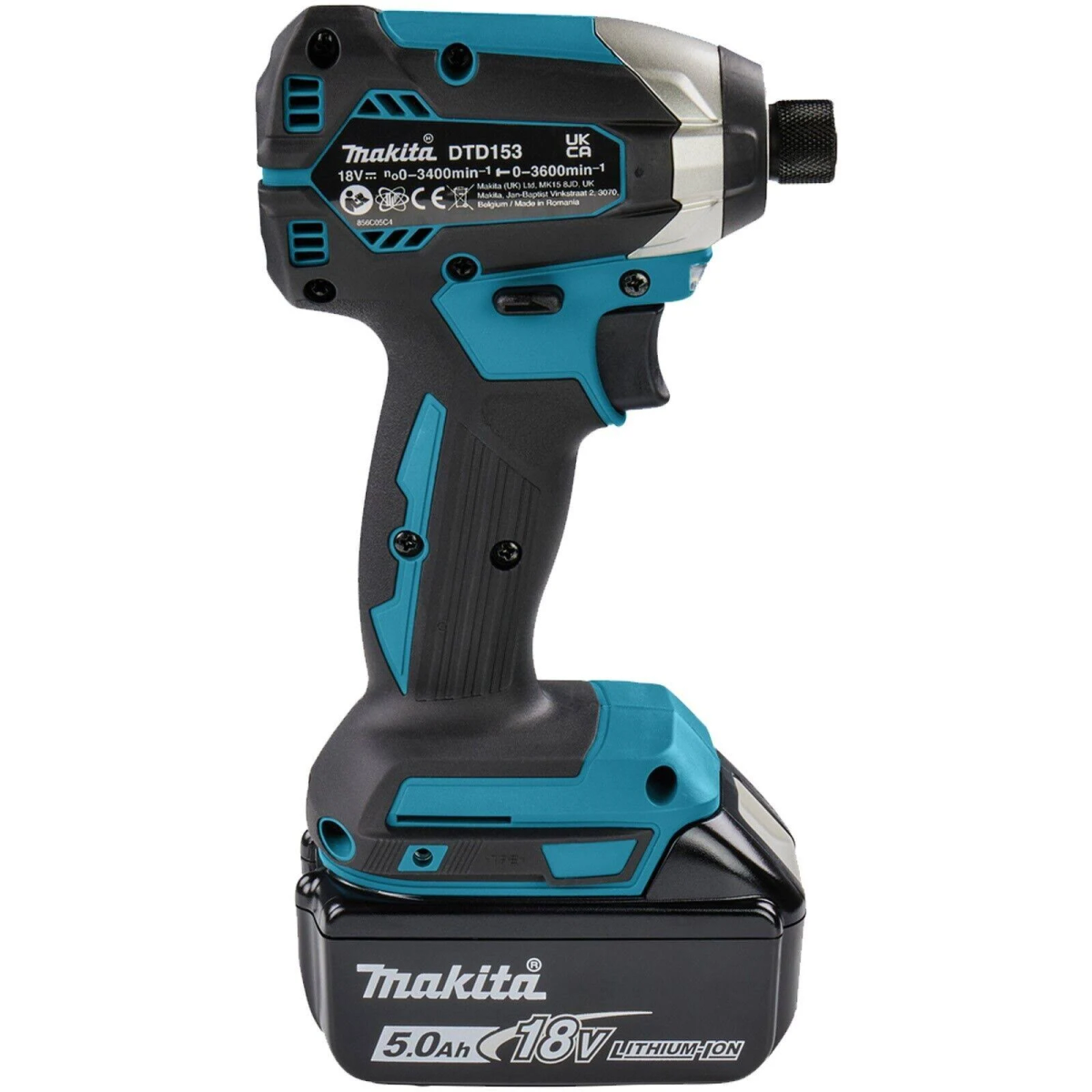 Czarno-turkusowa wkrętarka udarowa Makita DTD153 z baterią.