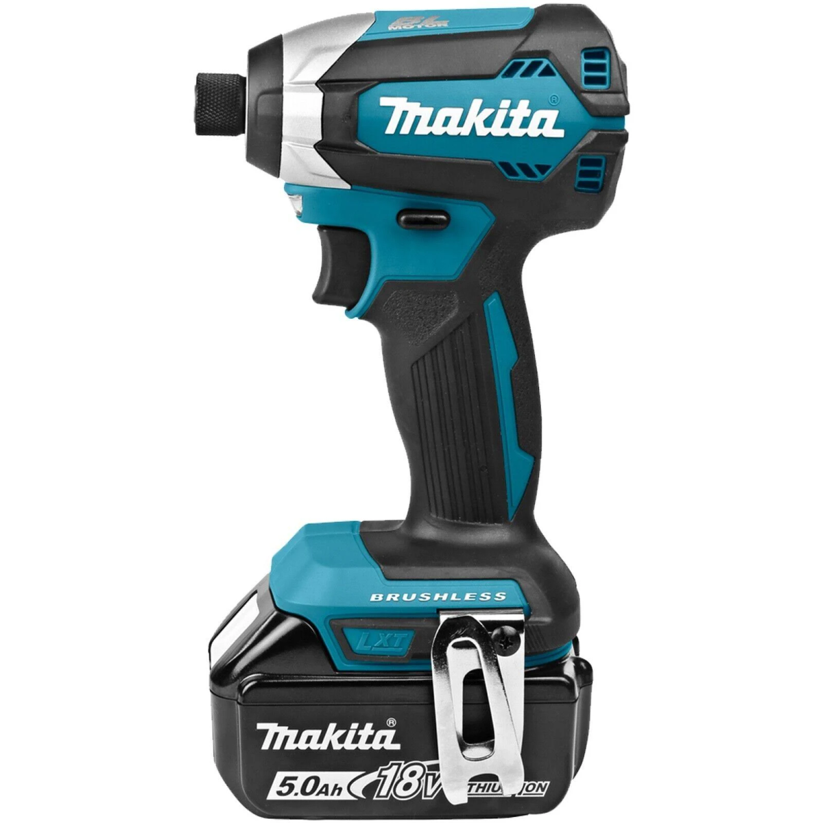 Niebiesko-czarny wkrętak udarowy bezprzewodowy, z dołączonym akumulatorem. Białe tło.