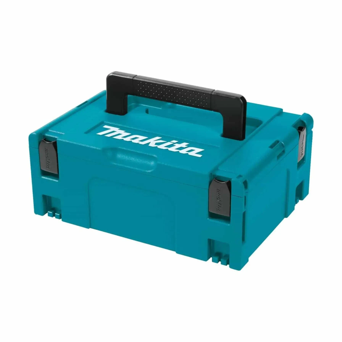 Turkusowa skrzynka narzędziowa Makita z czarnym uchwytem i dwoma zatrzaskami.