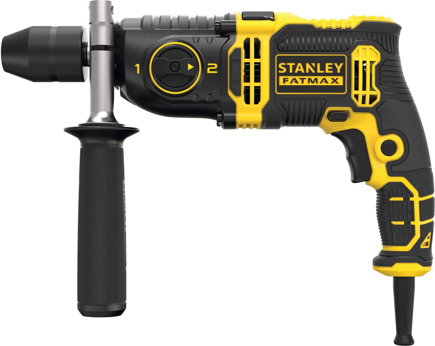 Un taladro percutor Stanley Fatmax. El taladro es amarillo y negro, con el logotipo Stanley Fatmax.