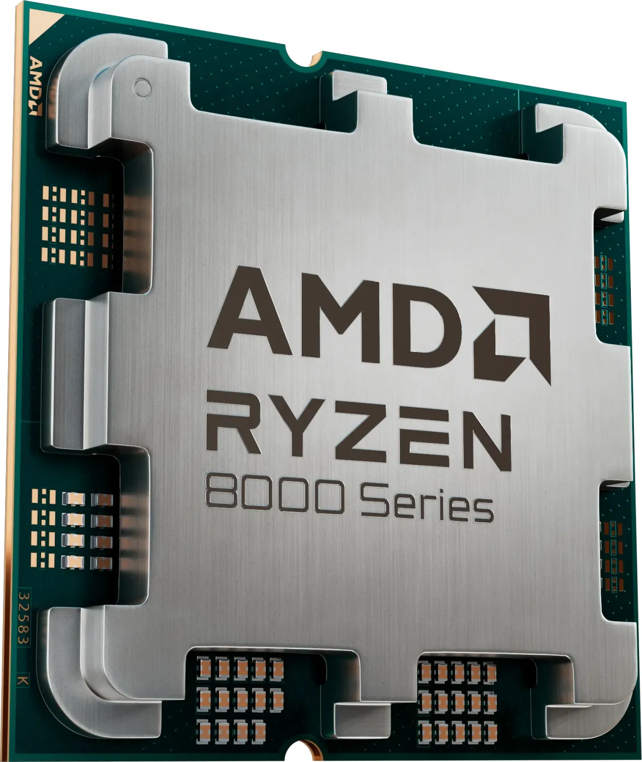 Procesor AMD Ryzen serii 8000. Procesor jest srebrny z logo AMD Ryzen.