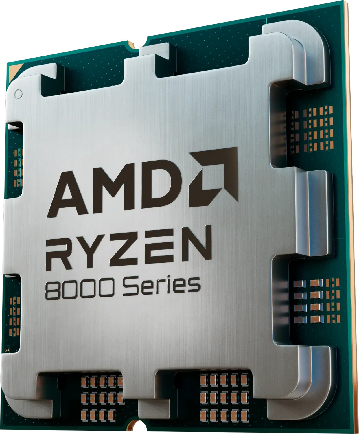 Procesor AMD Ryzen serii 8000, srebrny metal z logo AMD Ryzen, zielona płytka obwodu.