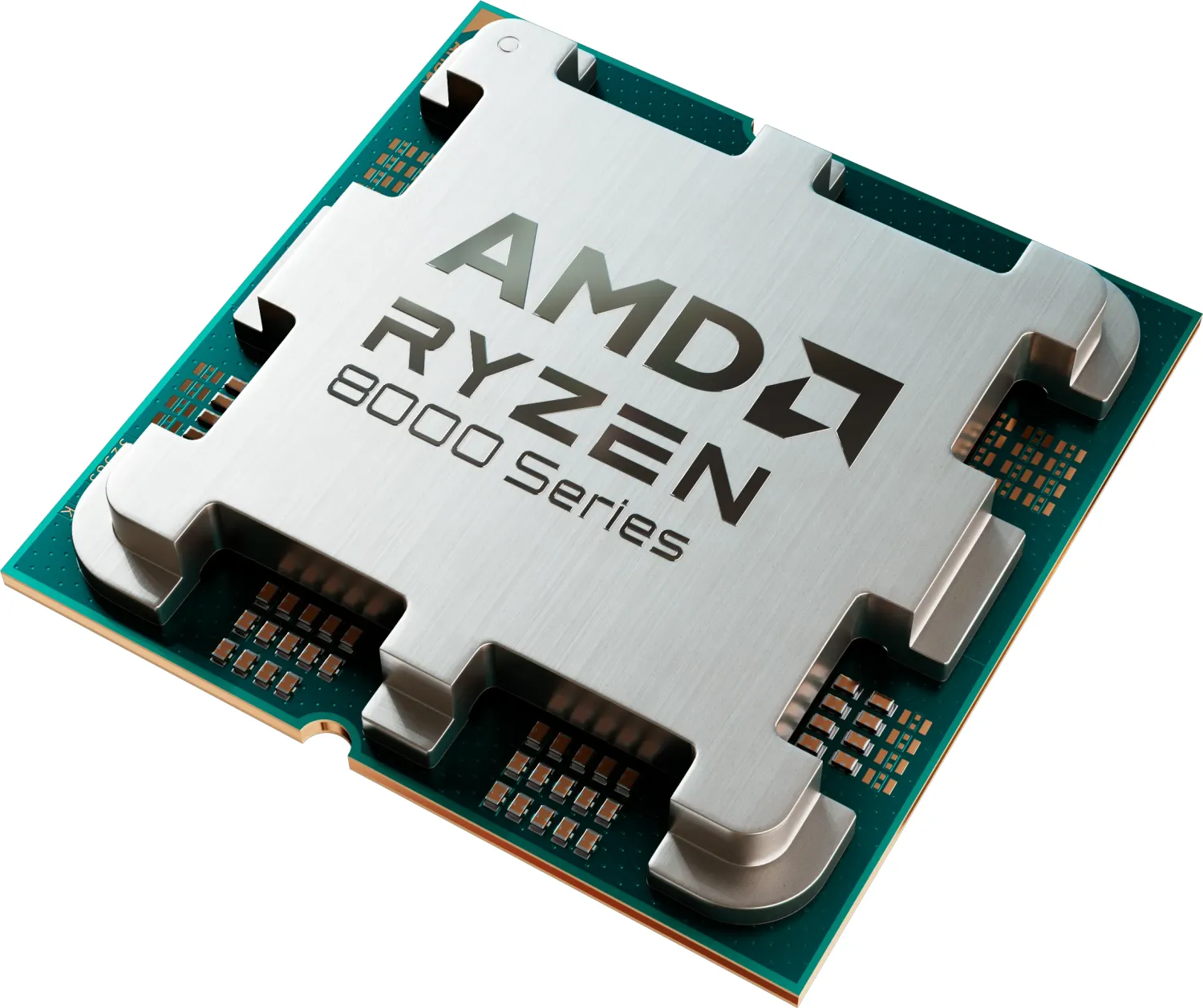 Procesor AMD Ryzen serii 8000. Widoczna górna część procesora z logo AMD Ryzen.
