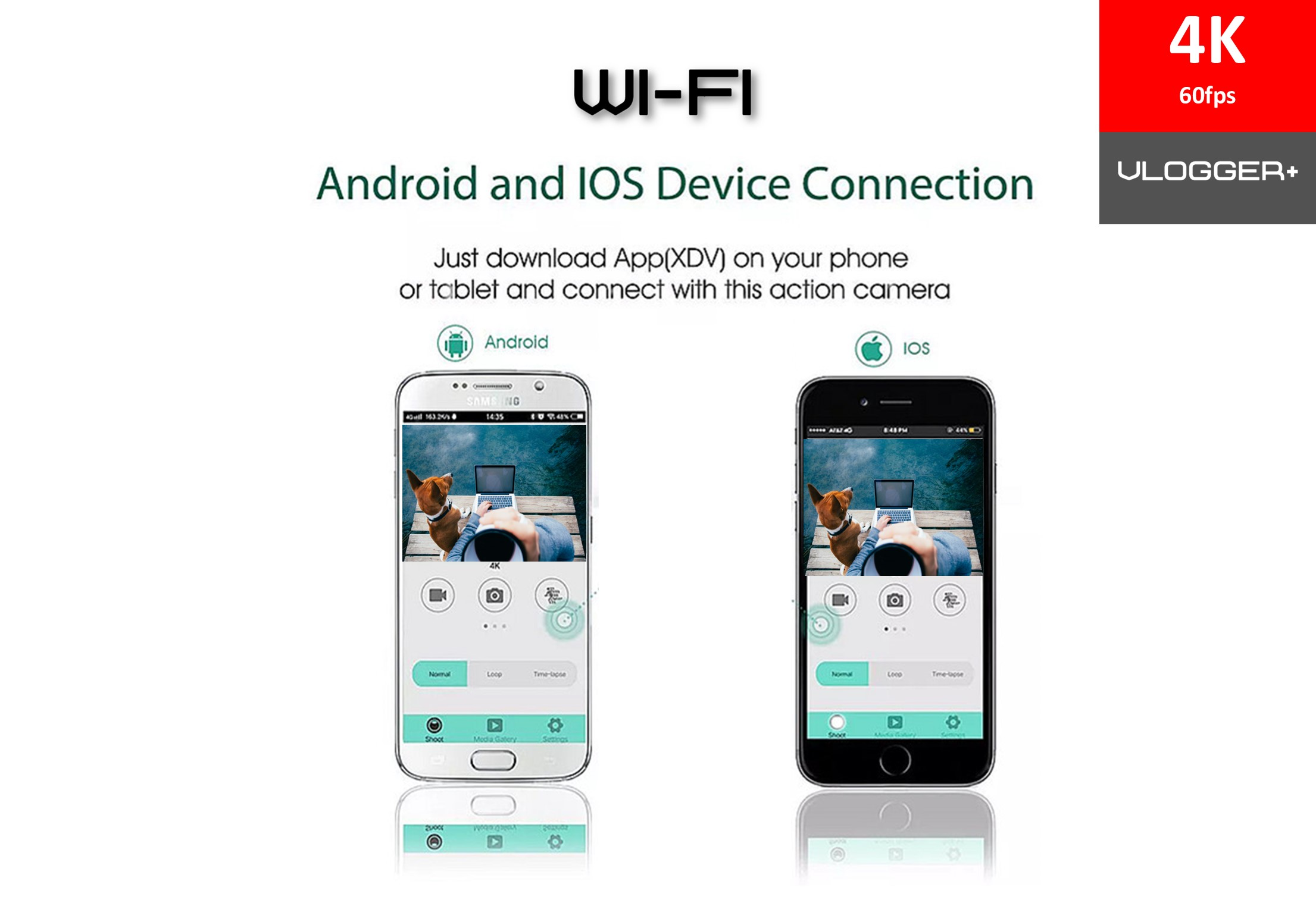 Schermate di smartphone che mostrano l'interfaccia dell'app mobile. Testi: 'Android' e 'iOS'. Grafica: '4K 60fps'.