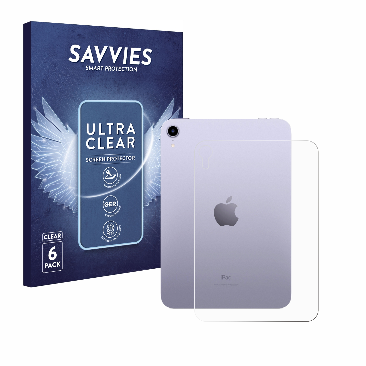 iPad mit Displayschutzfolie und einer Schachtel. Auf der Schachtel steht 'SAVVIES' und 'ULTRA CLEAR'.