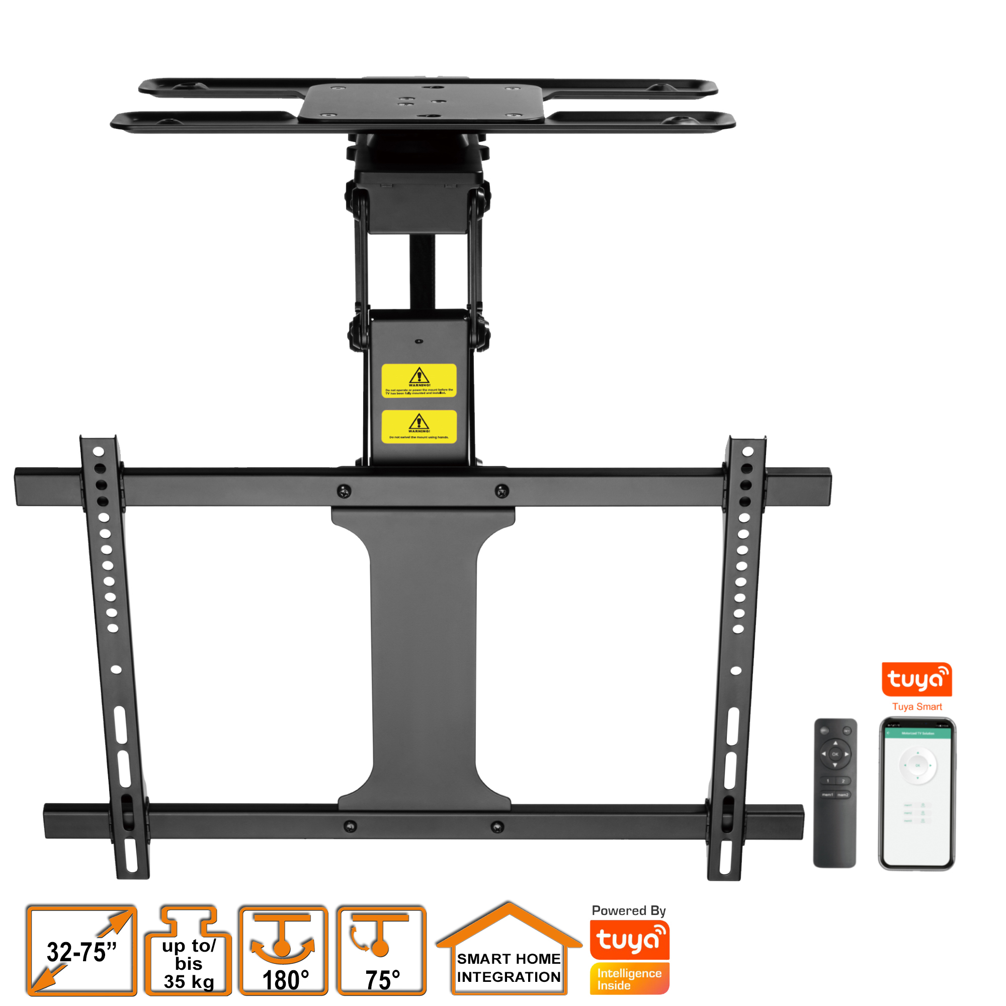 Eine schwarze TV-Deckenhalterung mit Fernbedienung und Smartphone, die einstellbare Winkel und Tragfähigkeit zeigt.