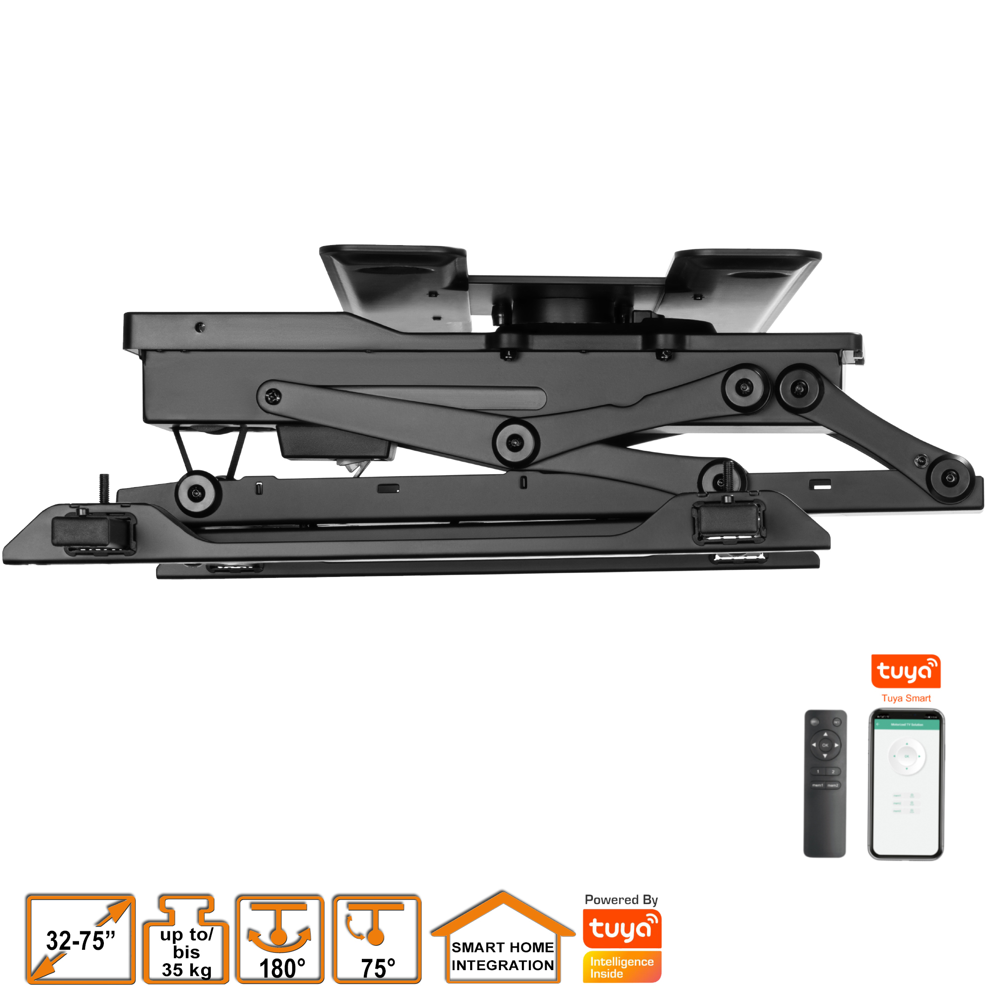 Eine schwarze TV-Wandhalterung mit Armen, Fernbedienung und Smartphone mit Smart-Home-App.