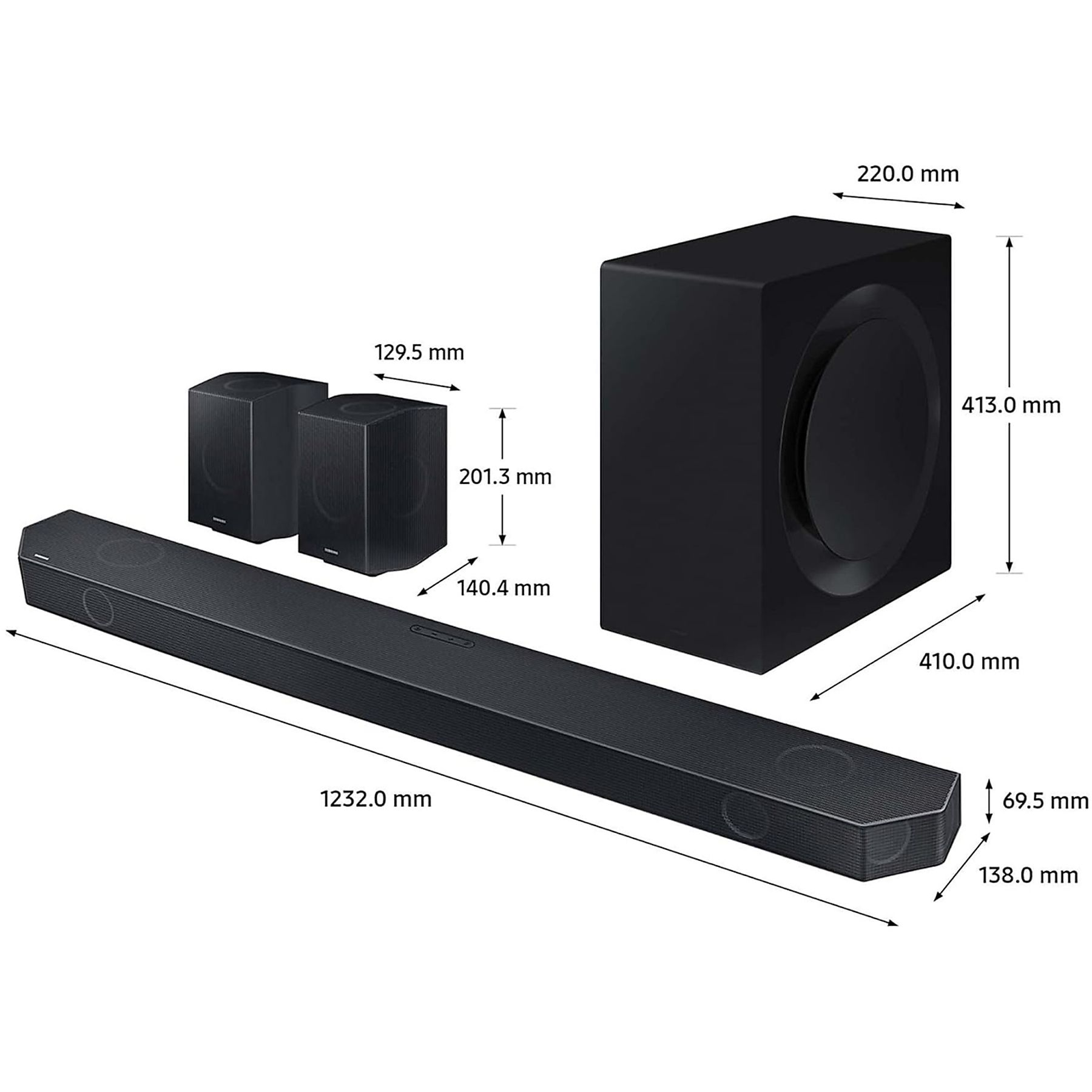 Eine Samsung Soundbar mit Subwoofer und zwei Satellitenlautsprechern, mit Abmessungen.