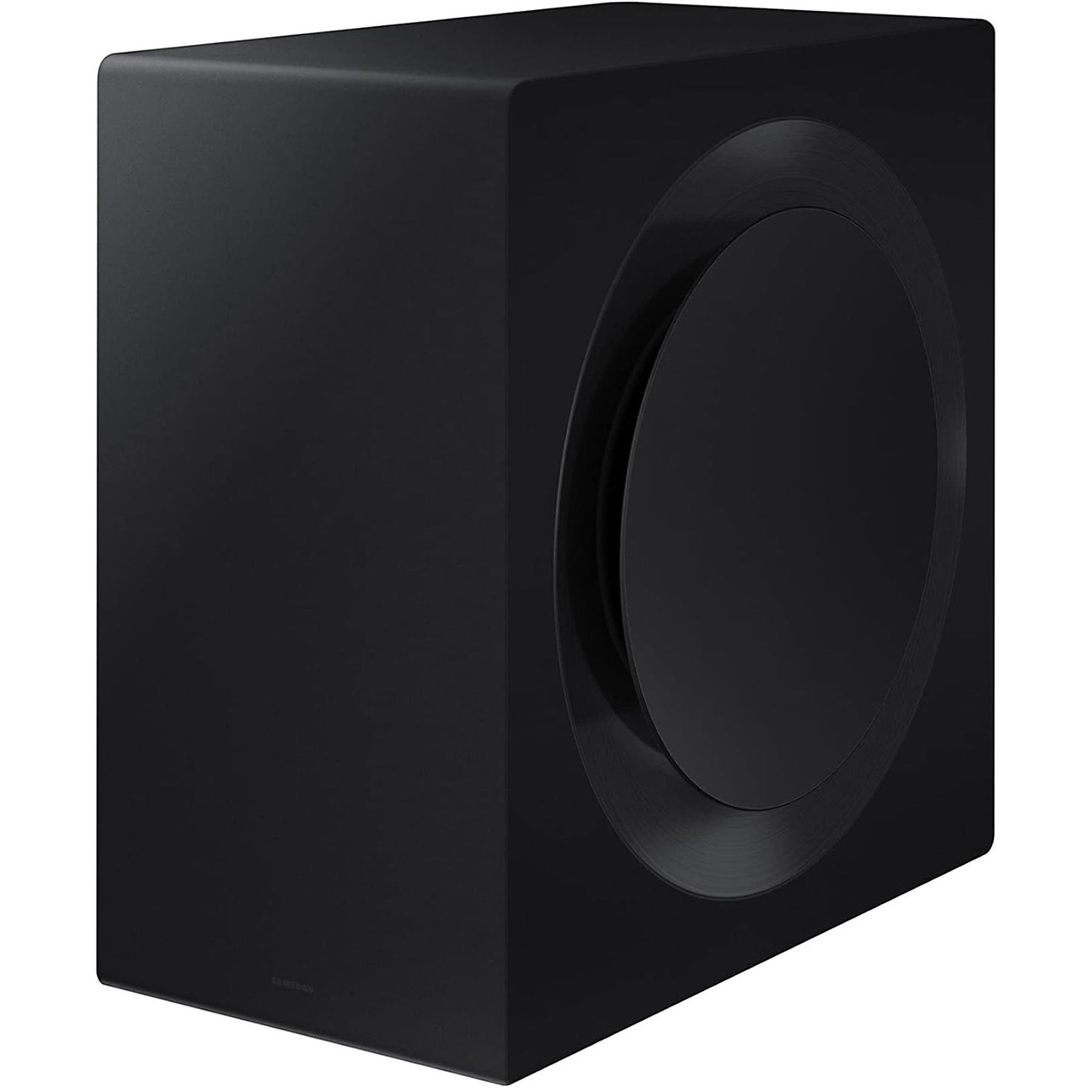 Ein schwarzer Samsung-Subwoofer mit kreisförmigem Frontdesign, auf weißem Hintergrund.