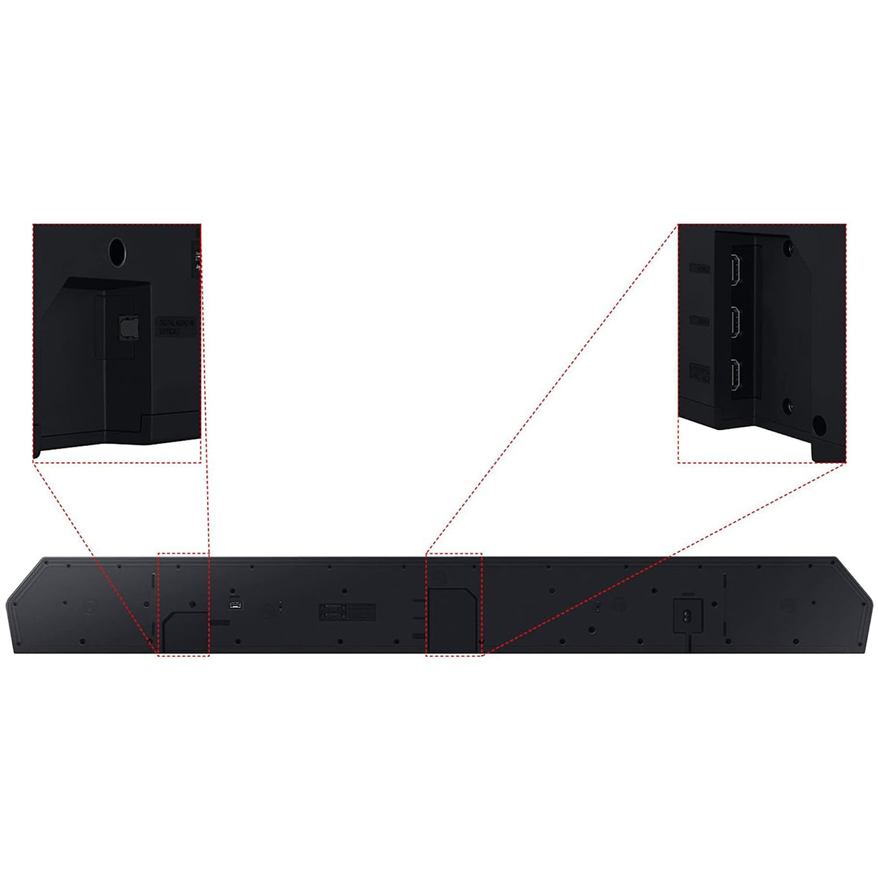 Schwarze Soundbar mit Anschlüssen und Details auf der Rückseite.
